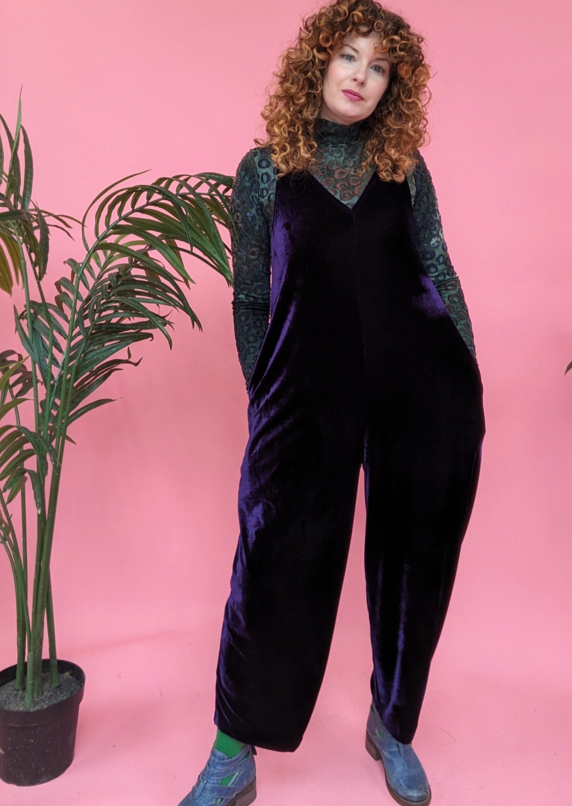 Velvet Dungaree Jumpsuit in Midnight - Megan Crook
