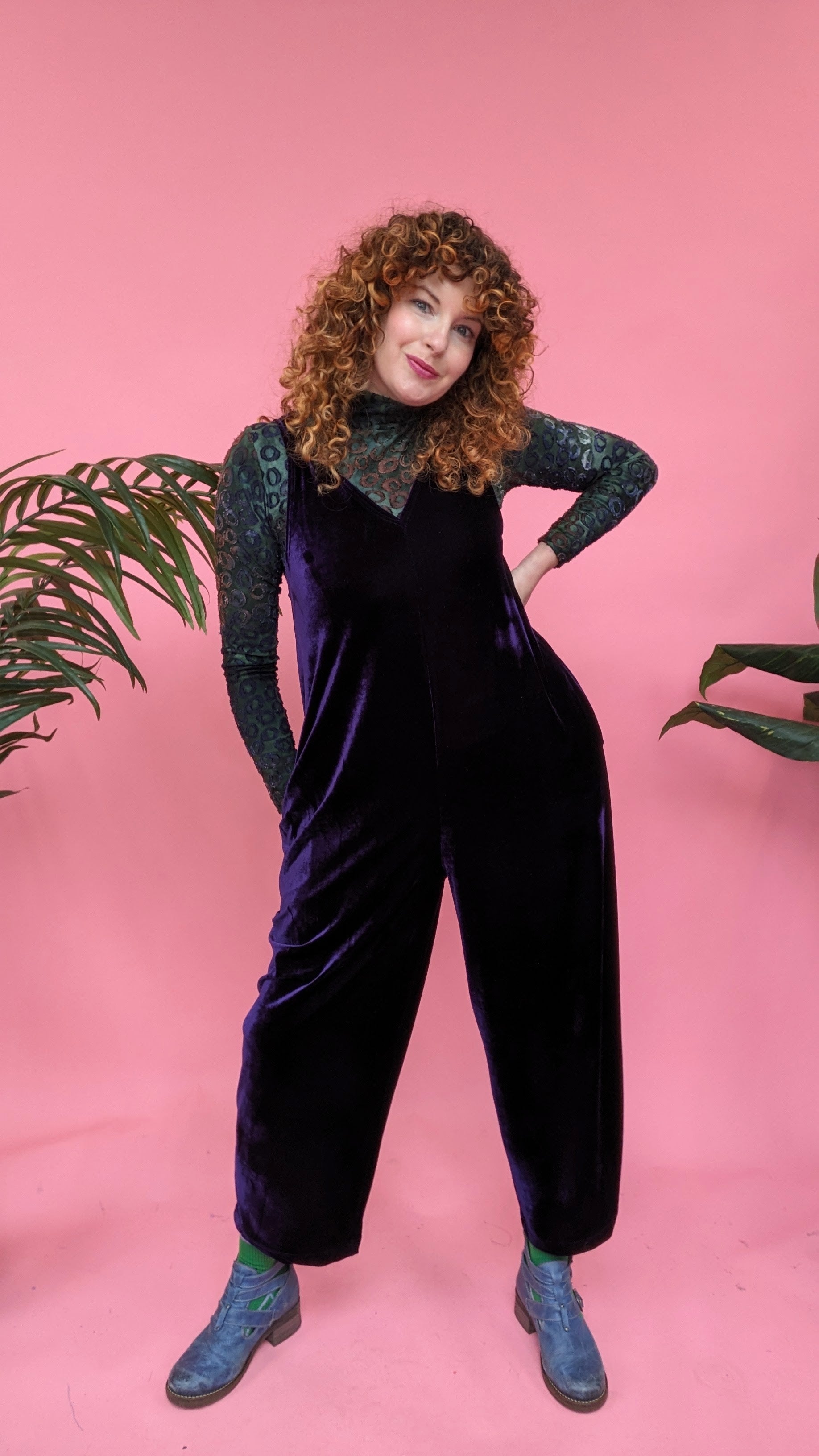 Velvet Dungaree Jumpsuit in Midnight - Megan Crook