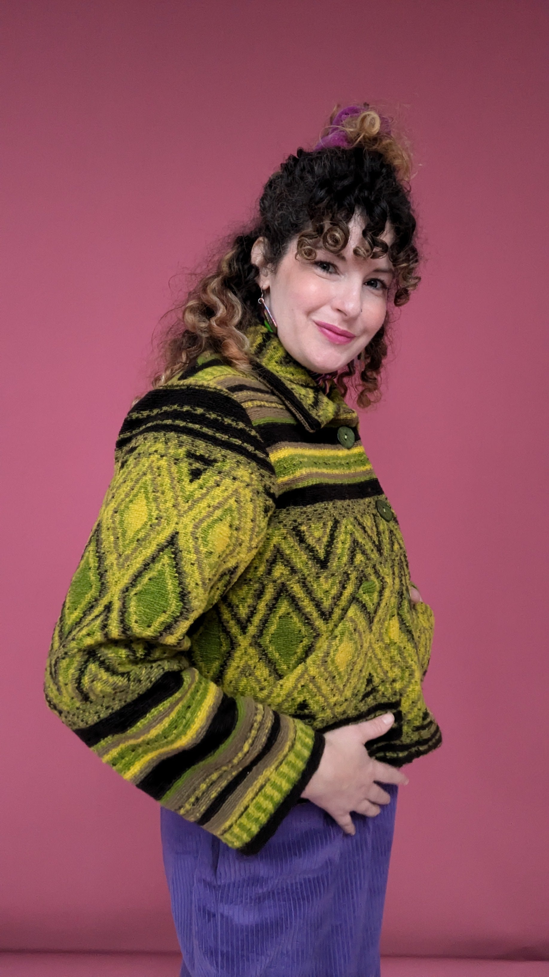 Knitted Box Jacket in Olive Diamond - Megan Crook