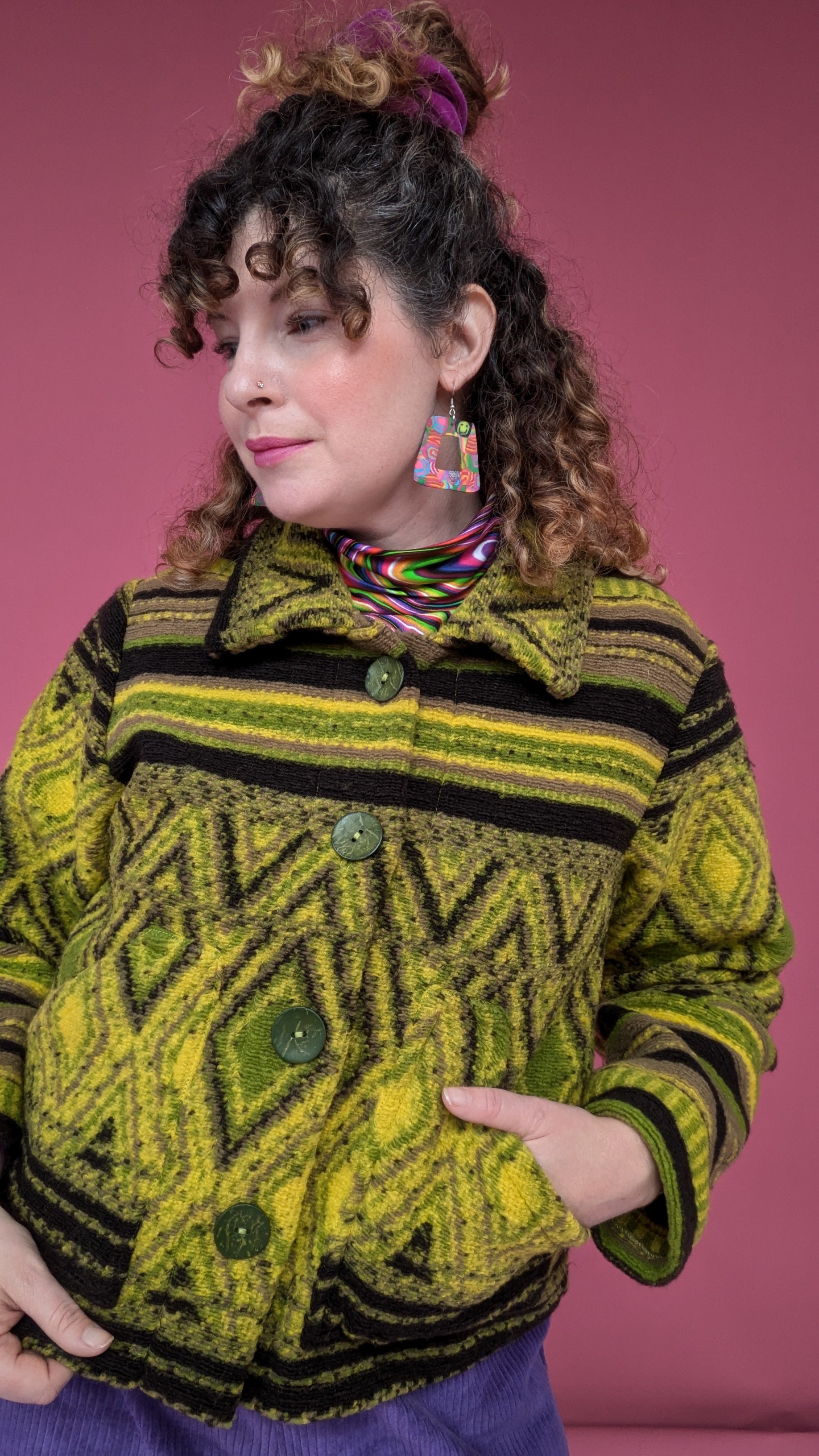 Knitted Box Jacket in Olive Diamond - Megan Crook