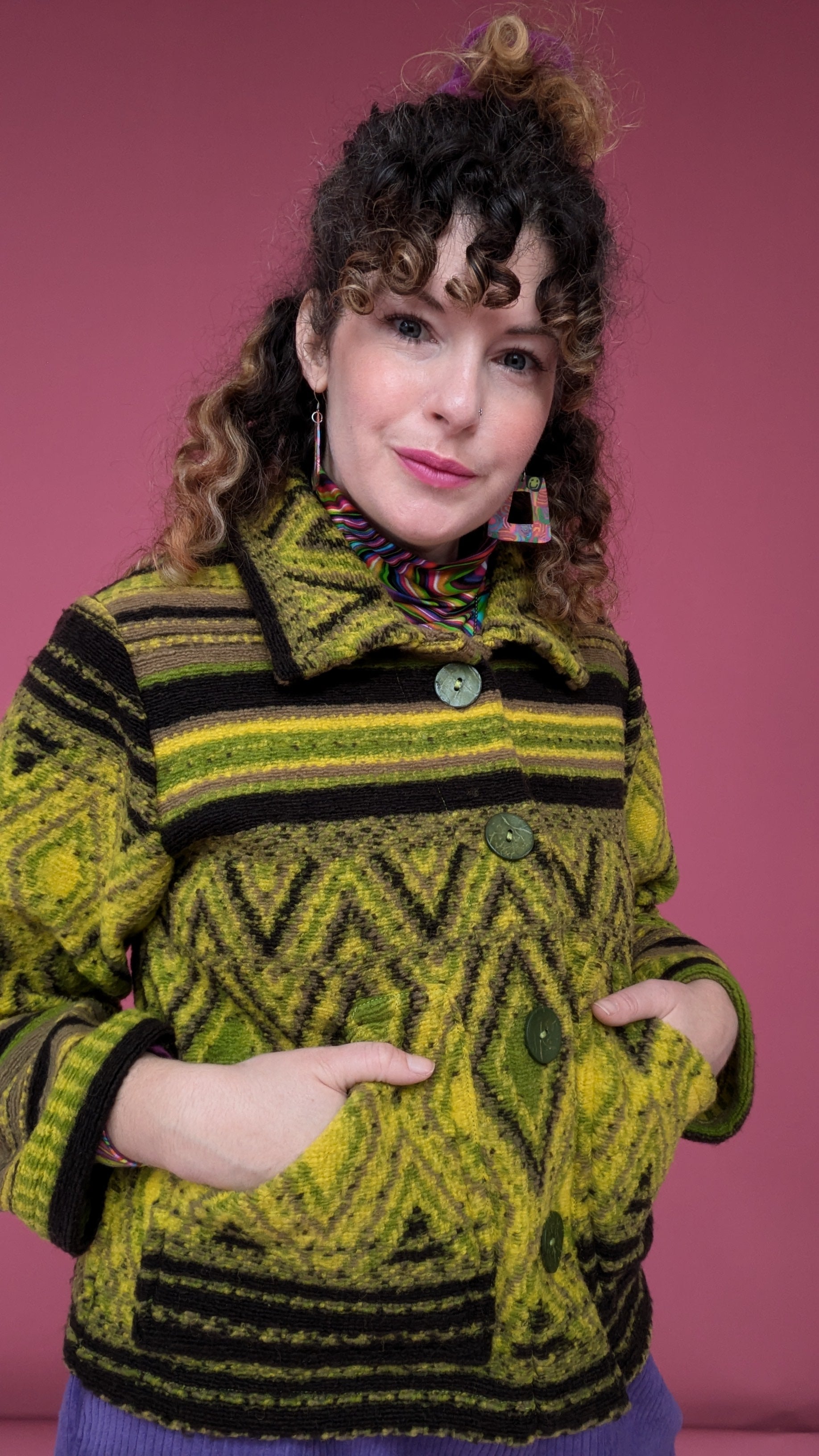 Knitted Box Jacket in Olive Diamond - Megan Crook