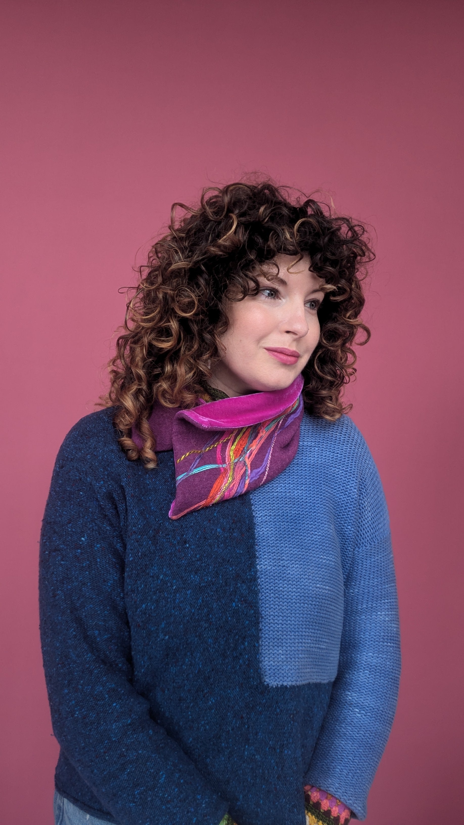 Embellished Wool & Velvet Neck Wrap in Berry Pink - Megan Crook