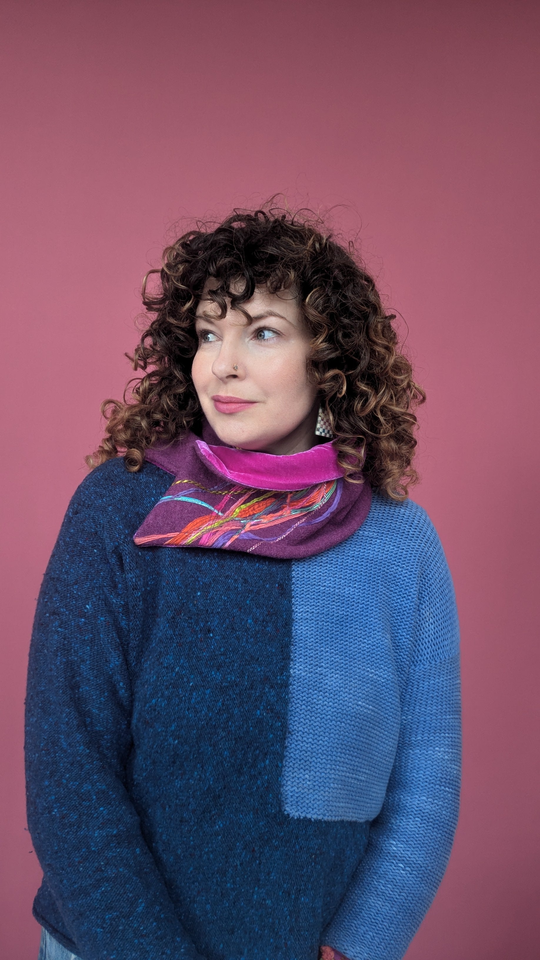 Embellished Wool & Velvet Neck Wrap in Berry Pink - Megan Crook