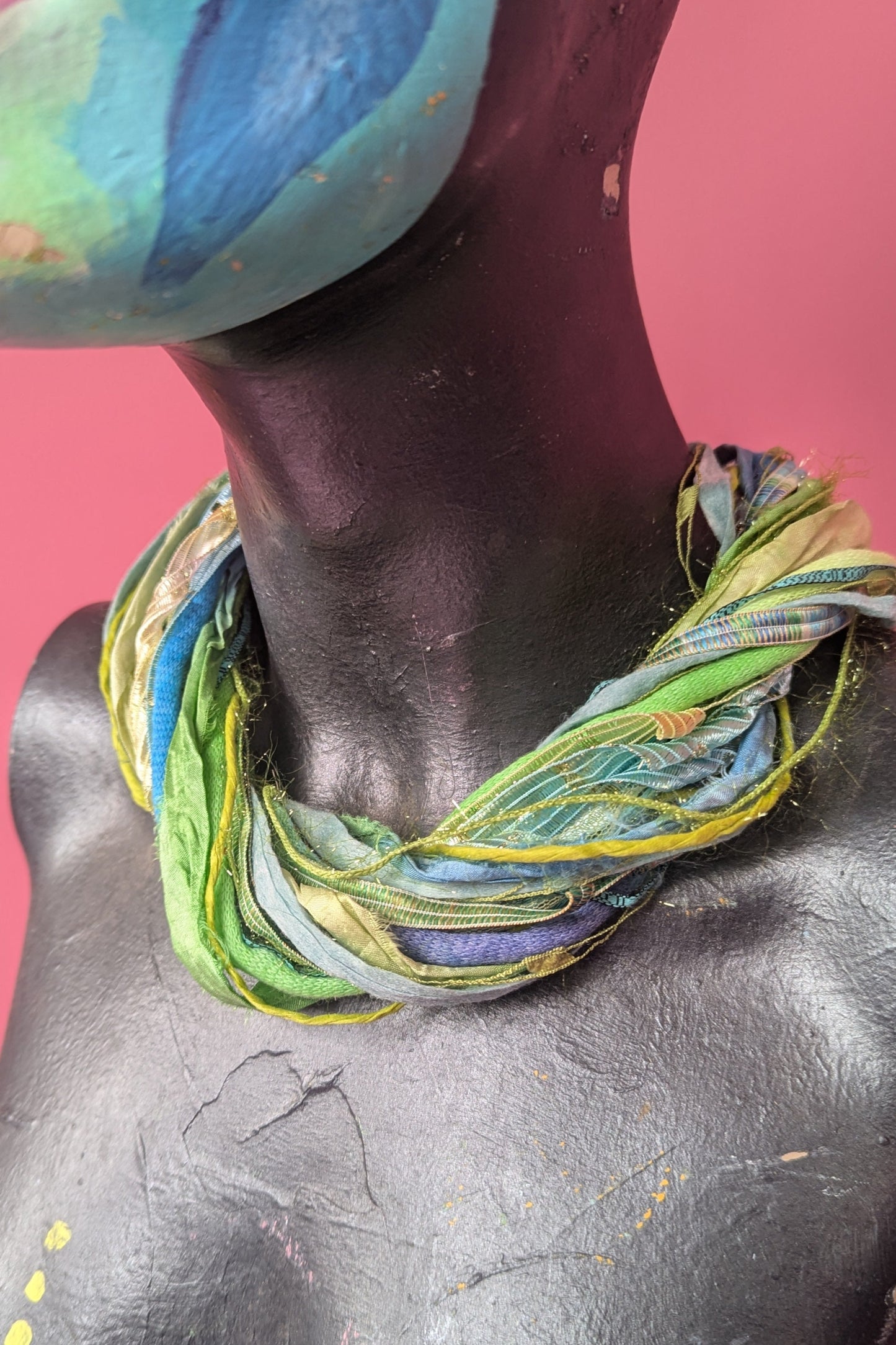 Silk Yarn Necklace in Turqouise and Lime