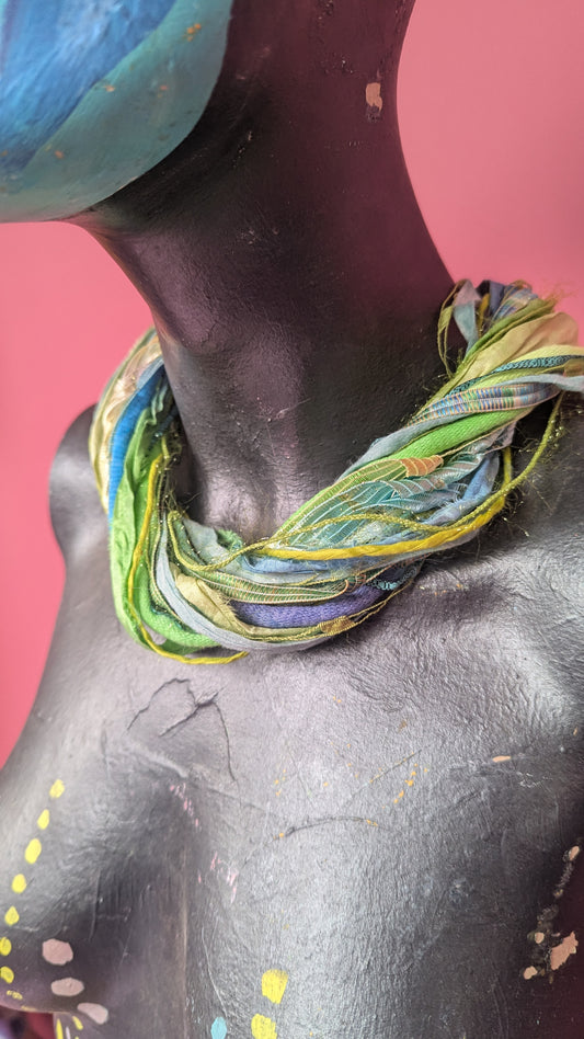 Silk Yarn Necklace in Turquoise and Lime