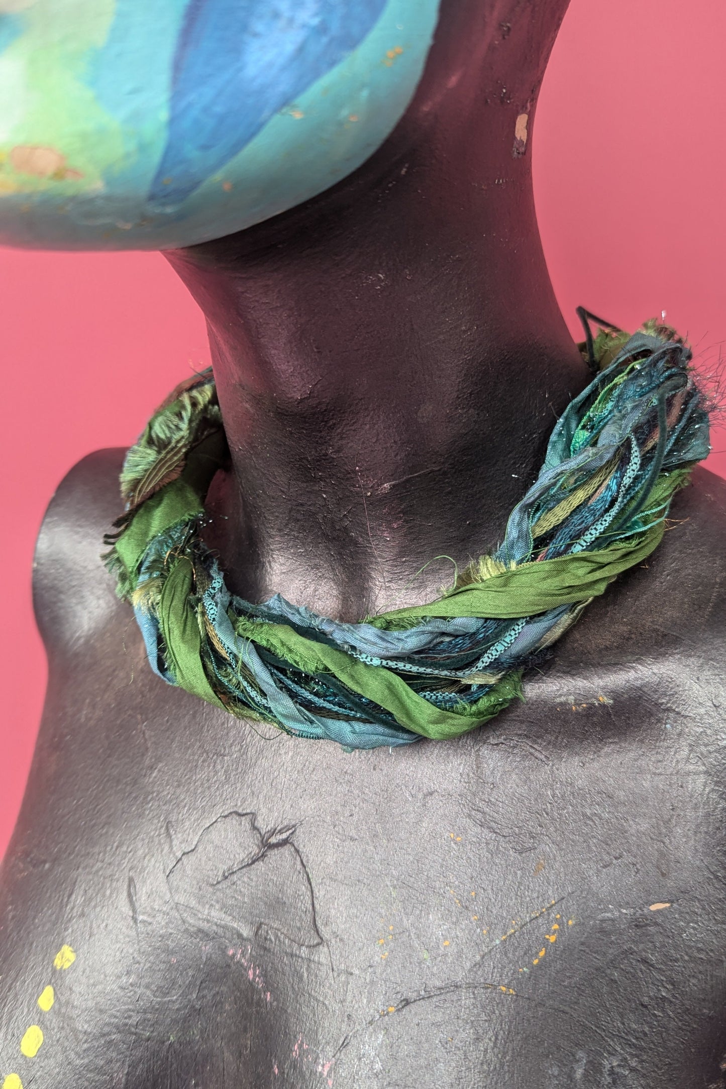 Silk Yarn Necklace in Green Multi