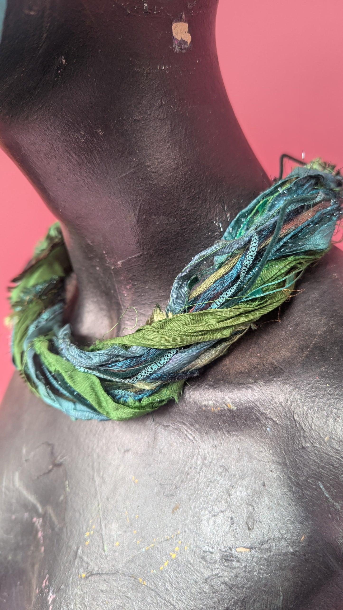 Silk Yarn Necklace in Green Multi