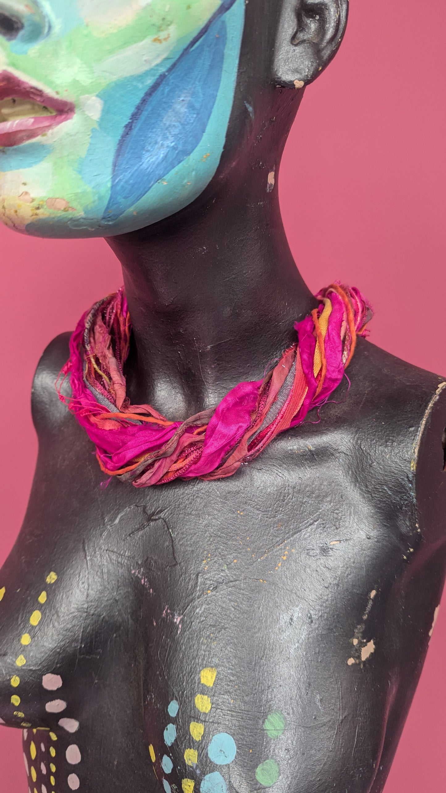 Silk Yarn Necklace in Hot Pink Sunset