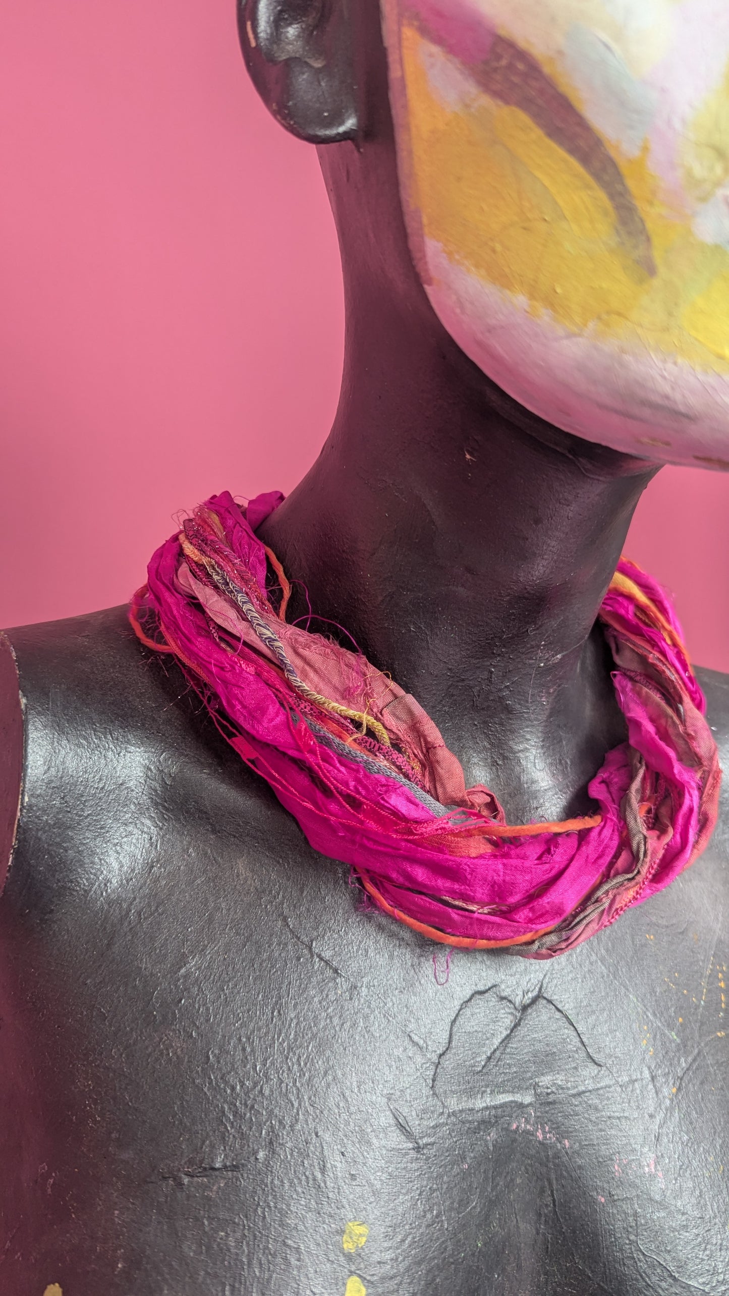 Silk Yarn Necklace in Hot Pink Sunset