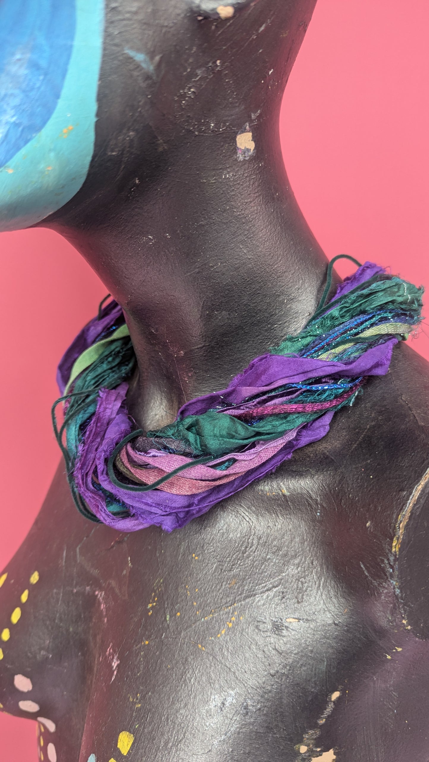 Silk Yarn Necklace in Purple and Green