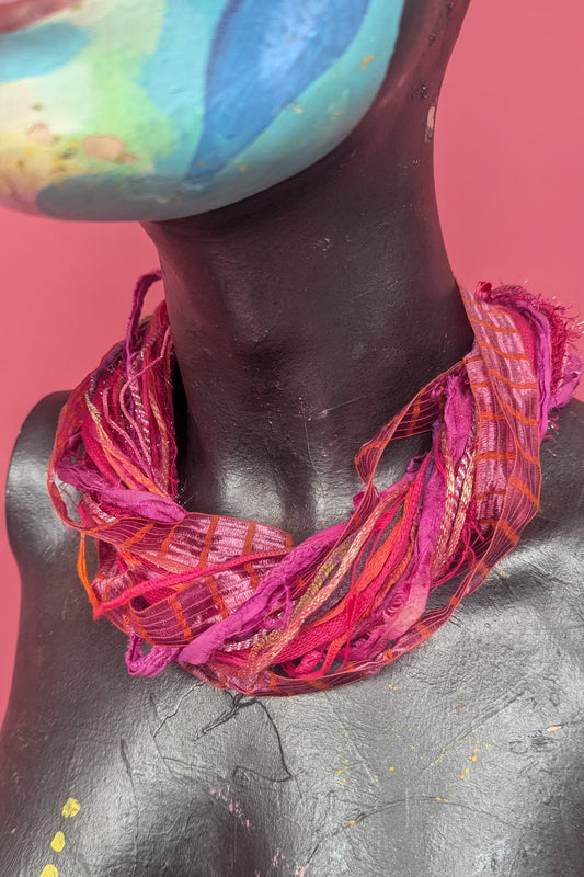 Silk Yarn Necklace in Pink and Orange