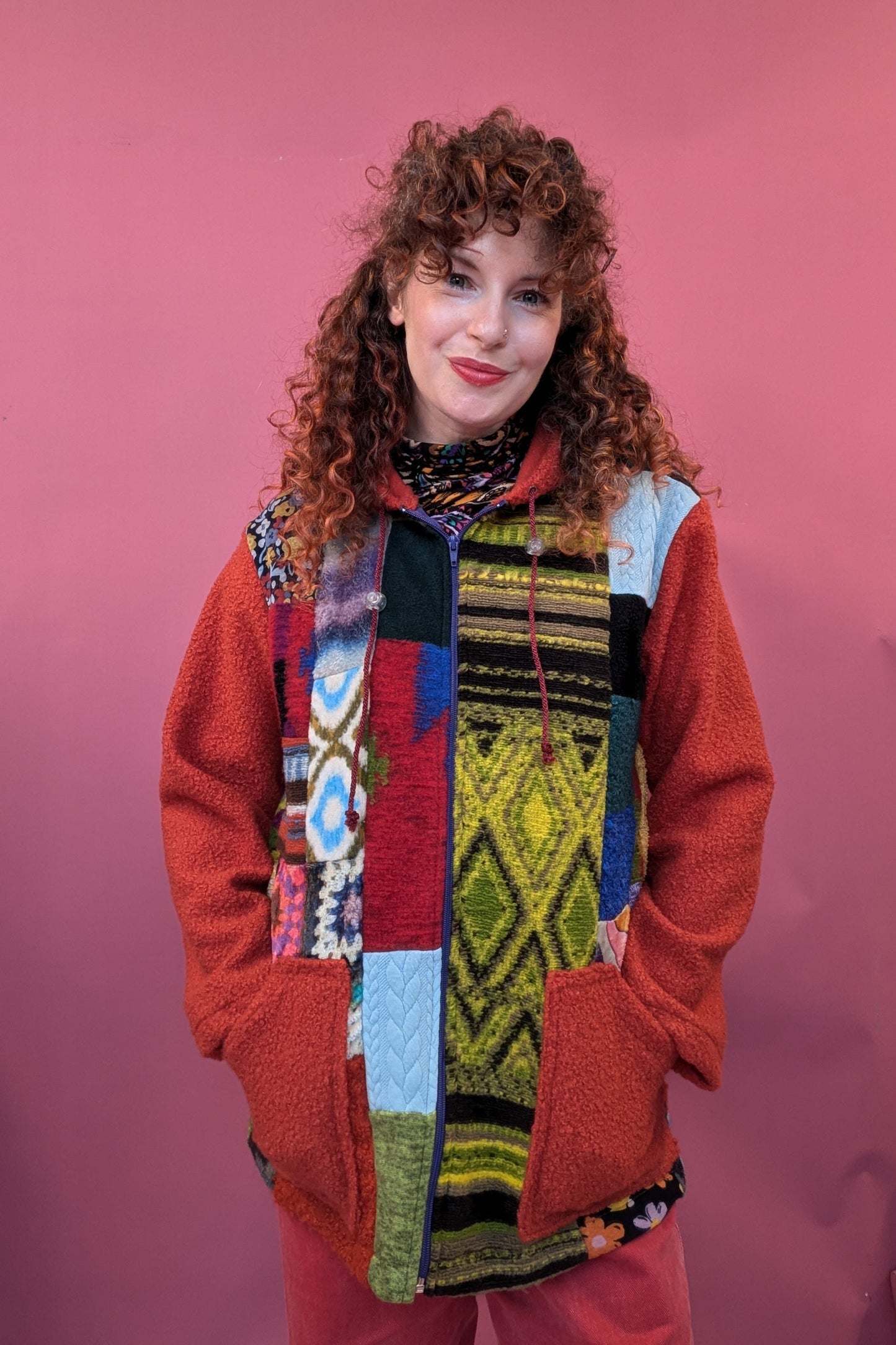 Patchwork Boucle Zip Up Hoodie