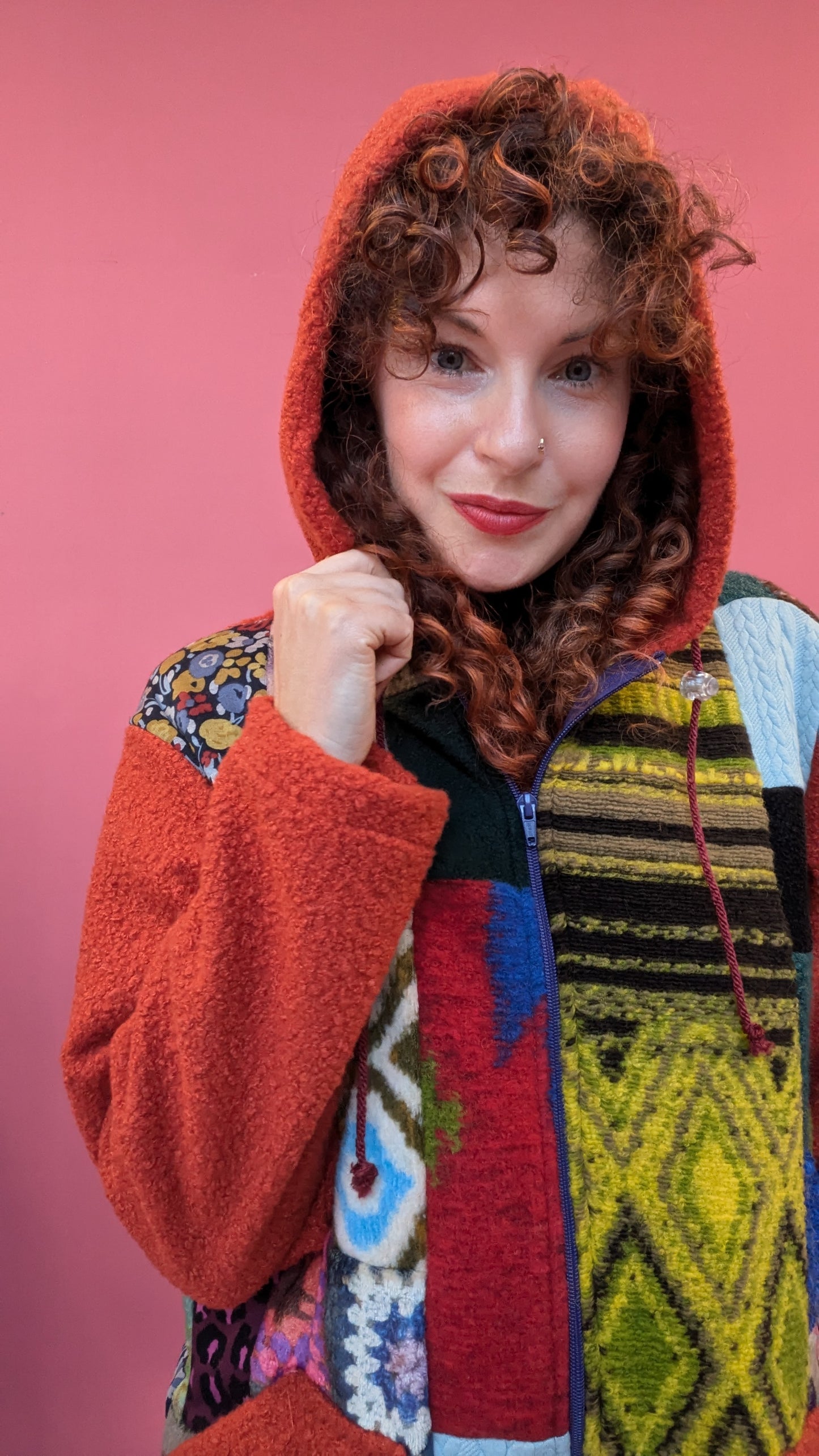 Patchwork Boucle Zip Up Hoodie