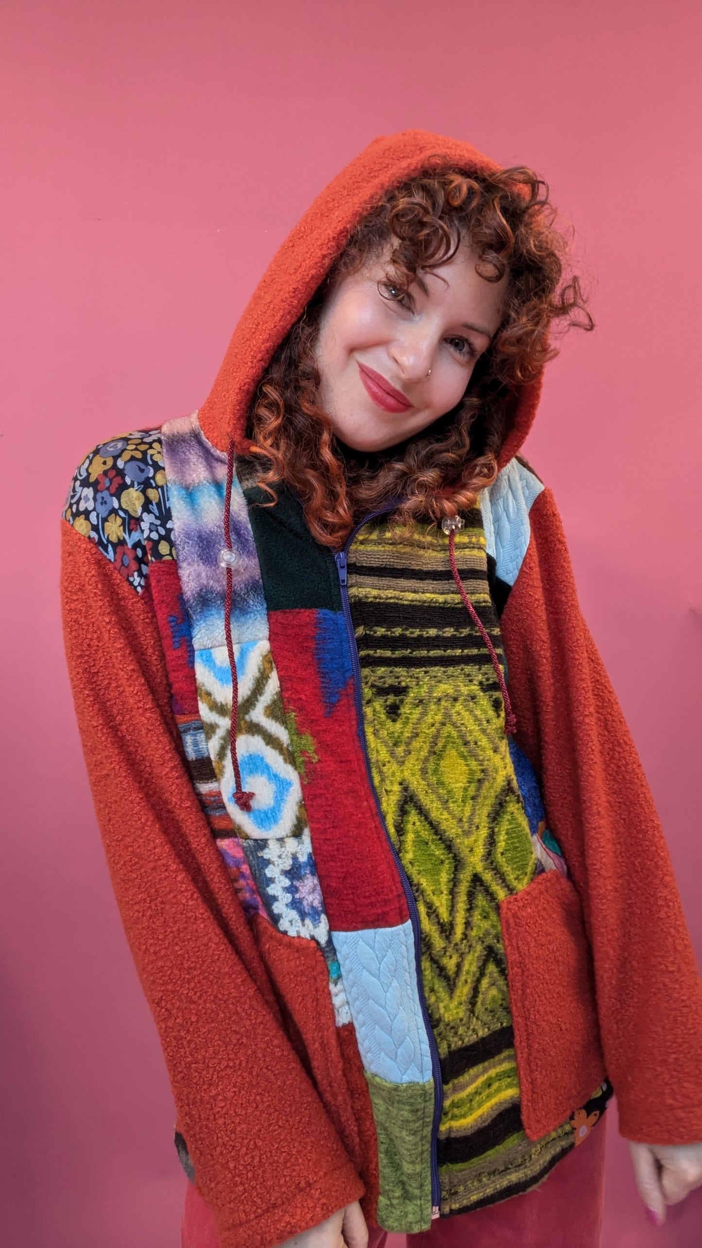 Patchwork Boucle Zip Up Hoodie