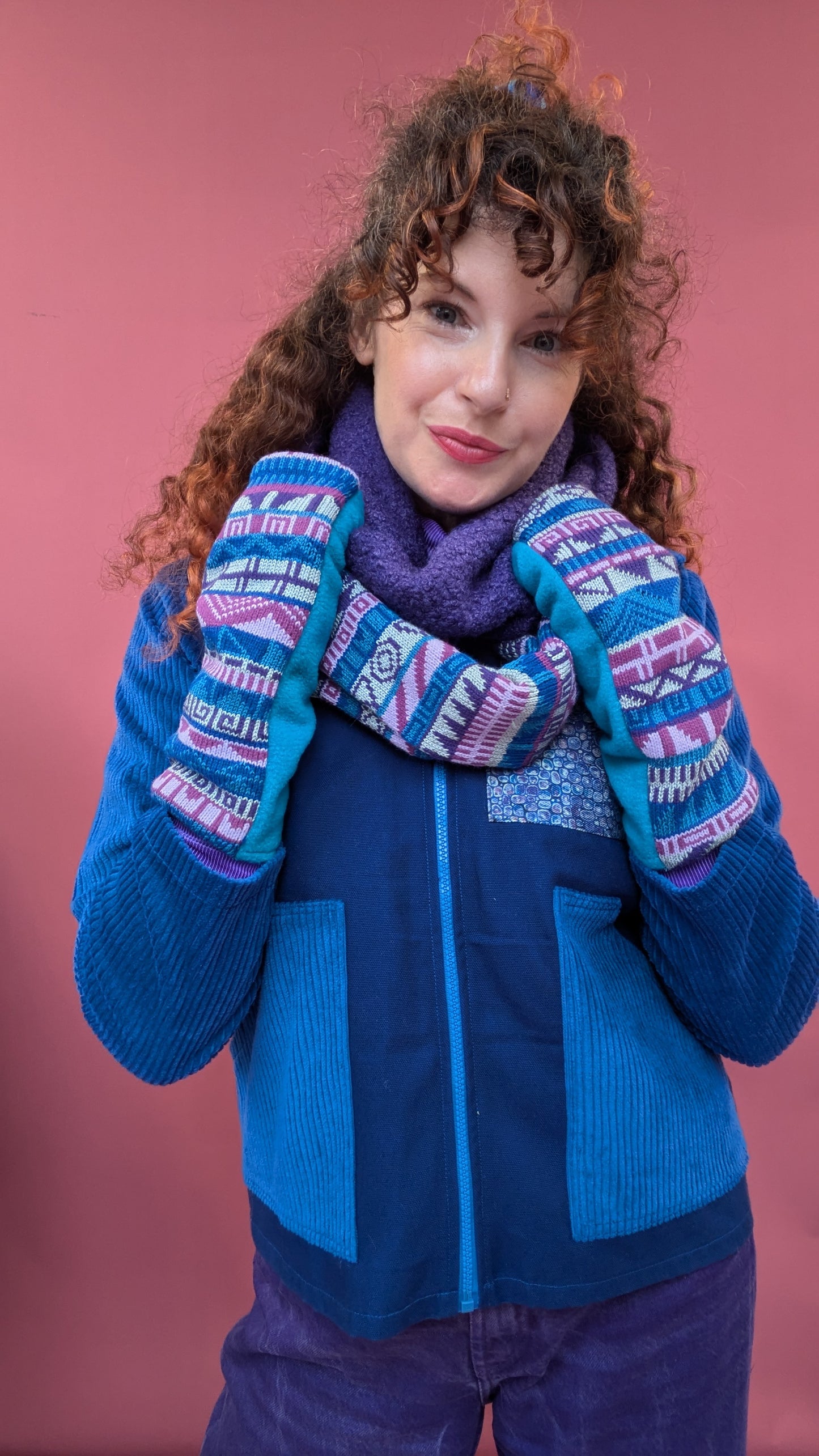 Infinity Scarf in Purple Fairisle Knit and Boucle
