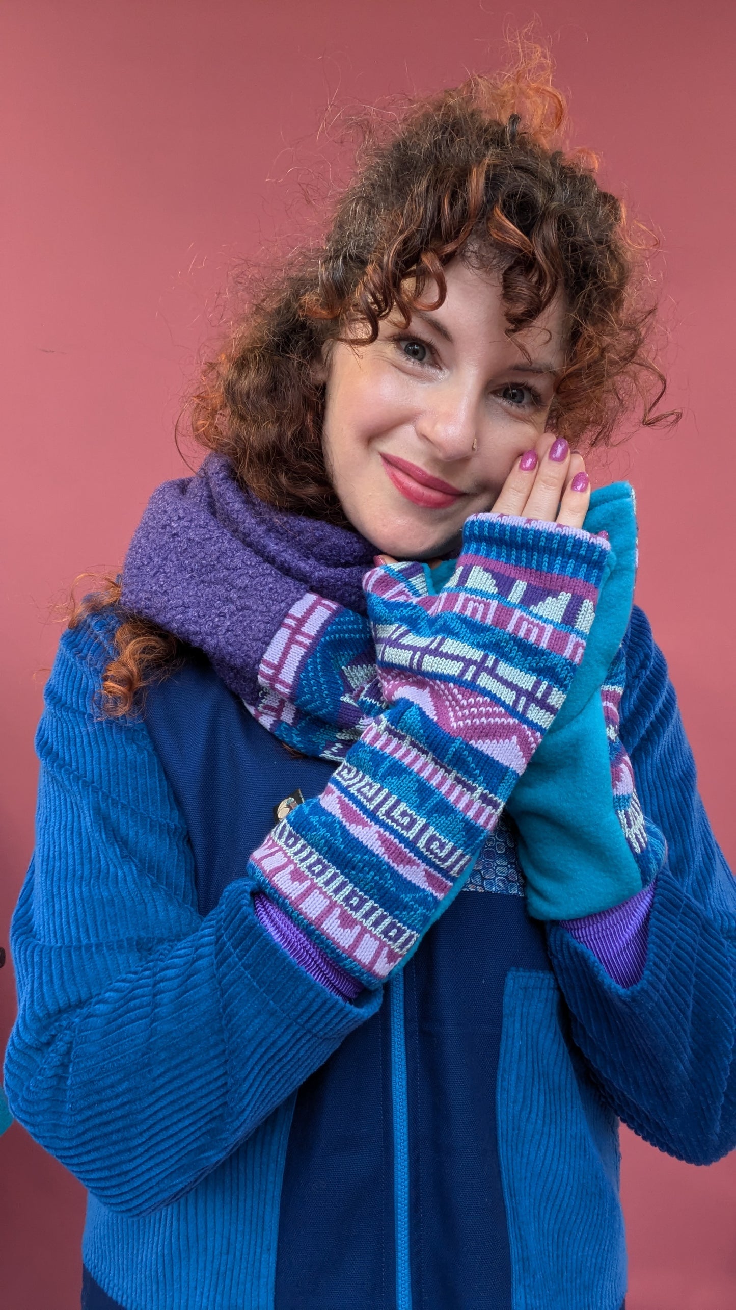 Infinity Scarf in Purple Fairisle Knit and Boucle