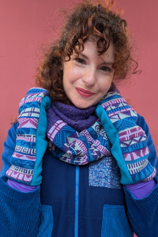 Infinity Scarf in Purple Fairisle Knit and Boucle