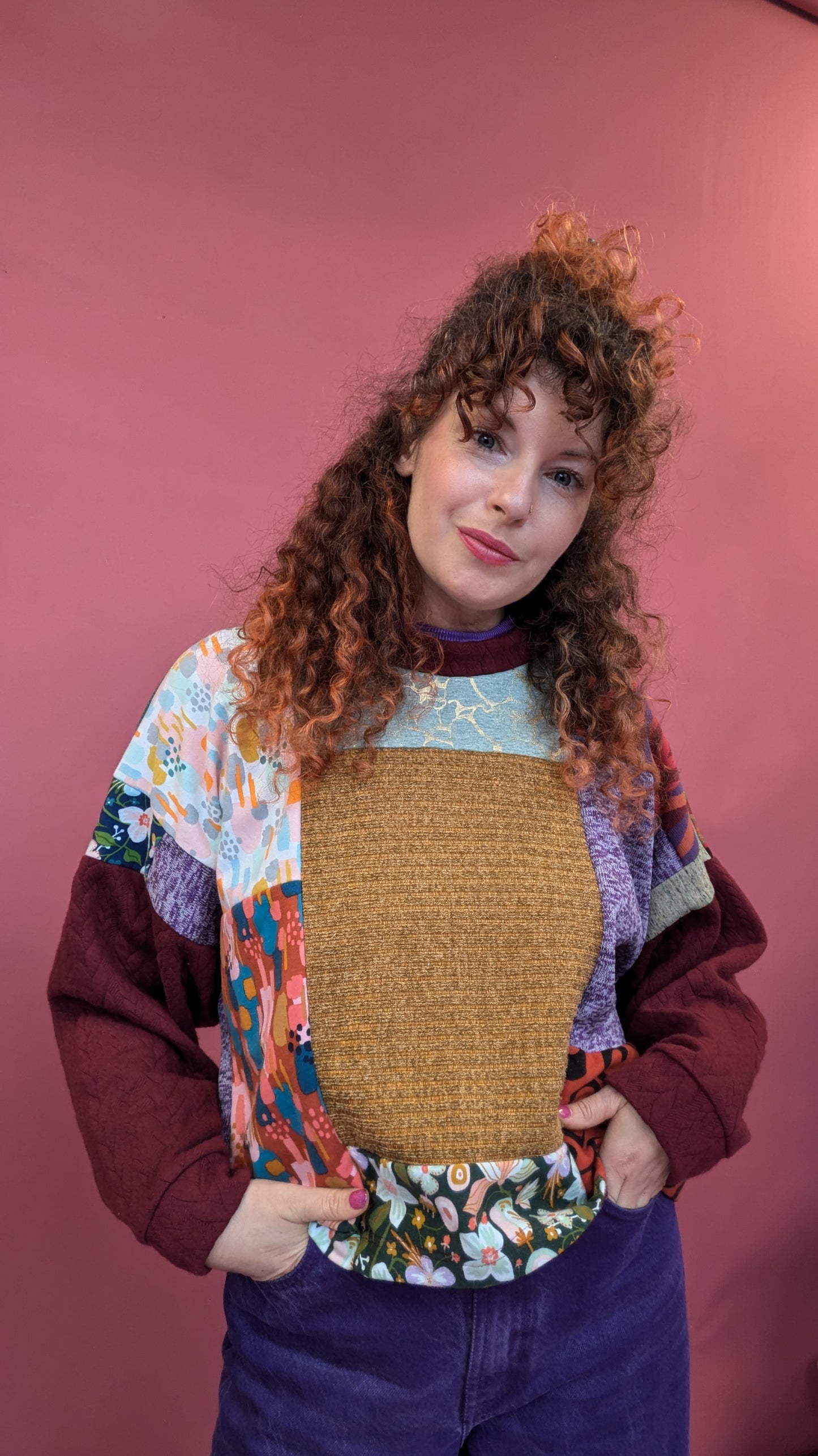 * Patchwork Batwing Pullover in Burgundy