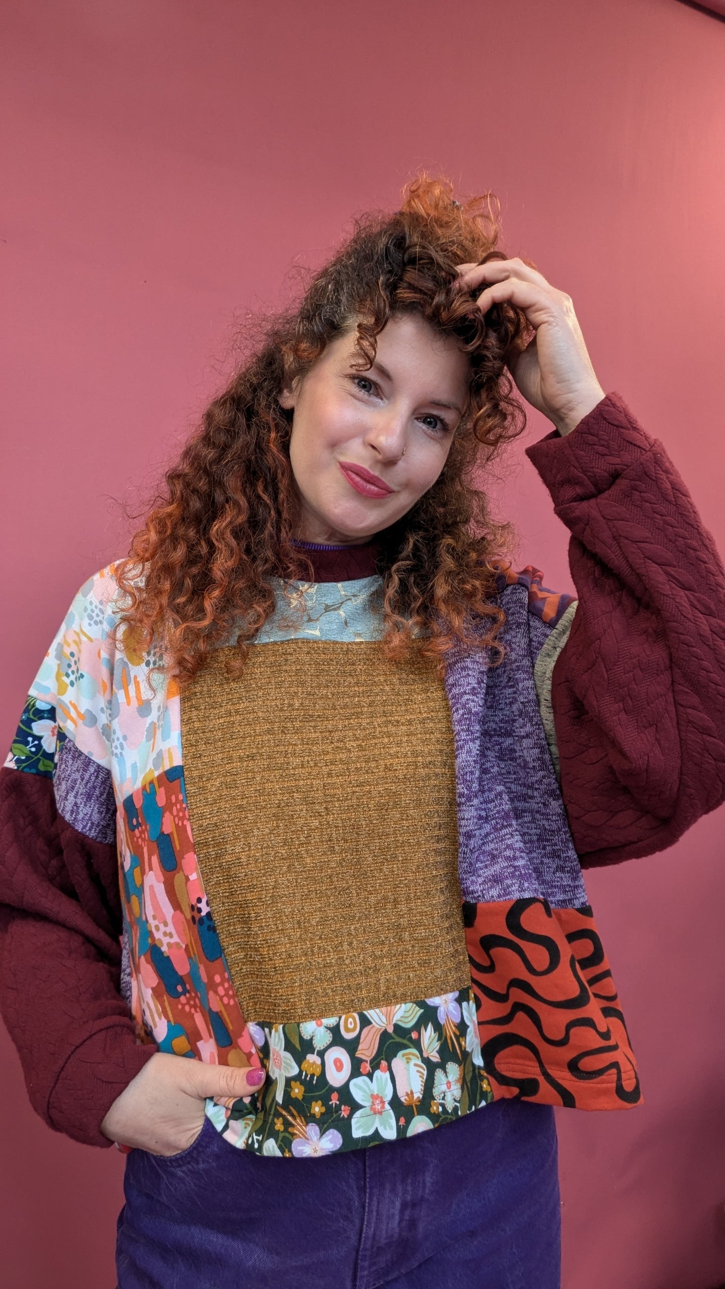 * Patchwork Batwing Pullover in Burgundy