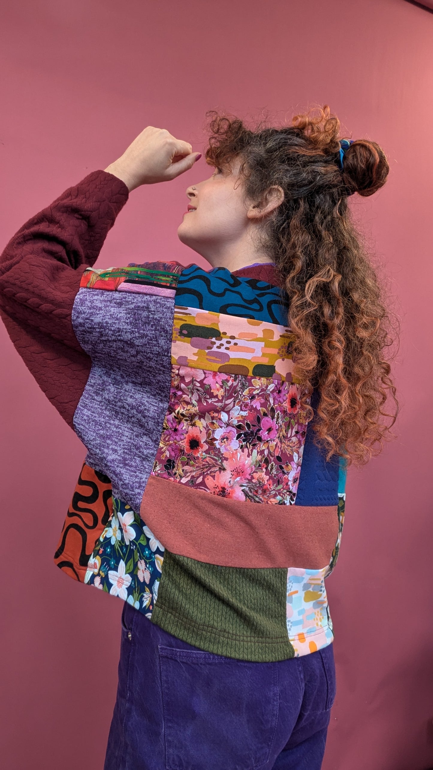 * Patchwork Batwing Pullover in Burgundy