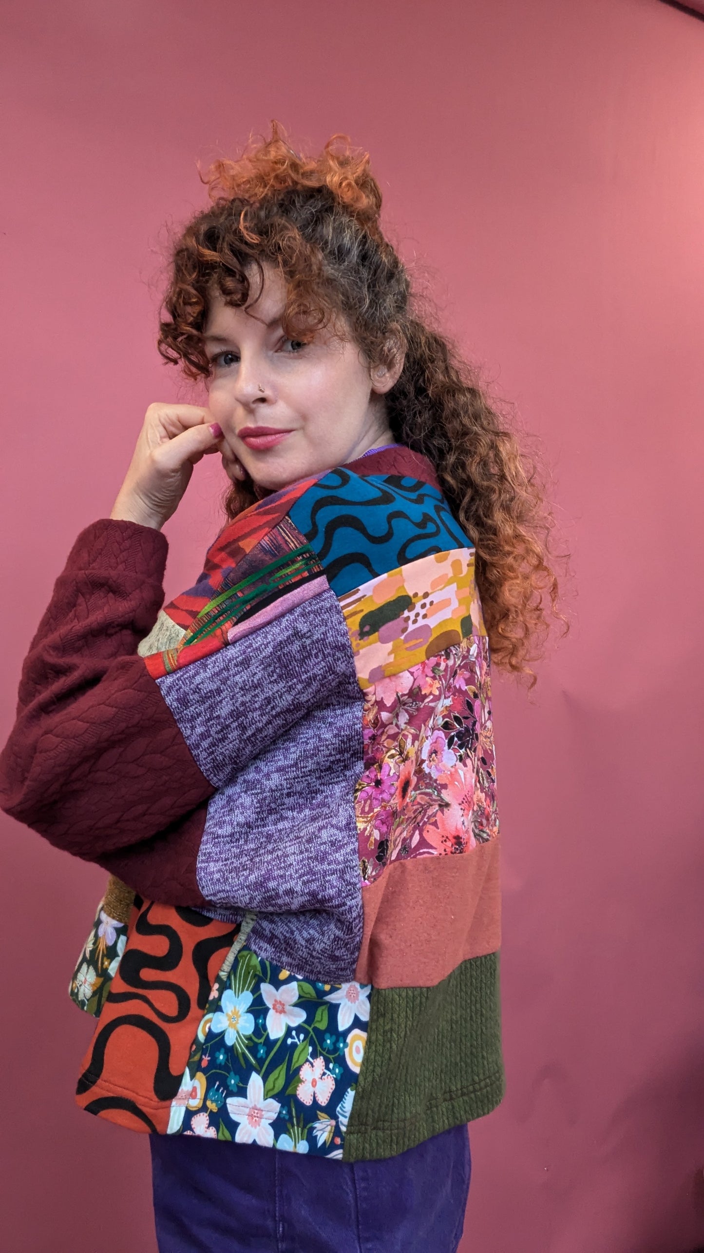 * Patchwork Batwing Pullover in Burgundy