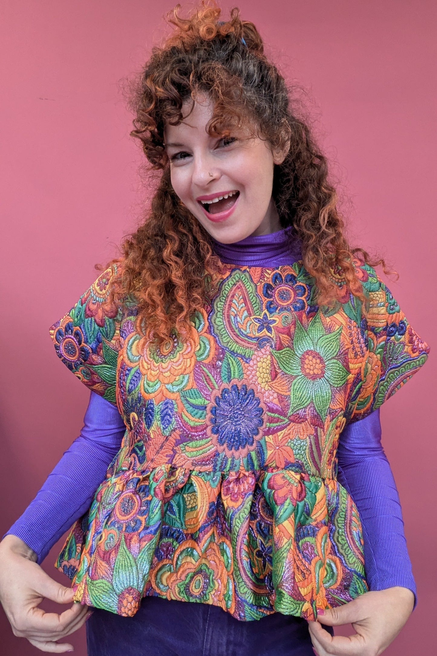 Peplum Shift Top in Rainbow Floral Fantasy