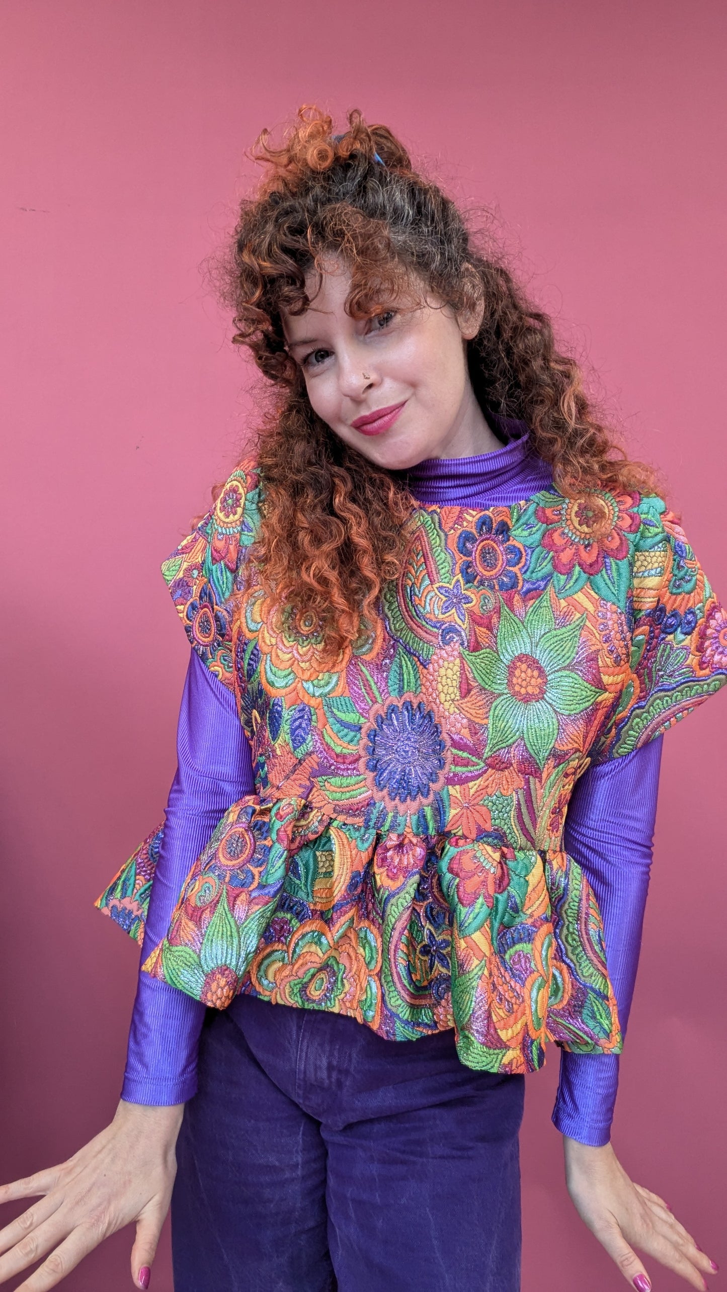 Peplum Shift Top in Rainbow Floral Fantasy