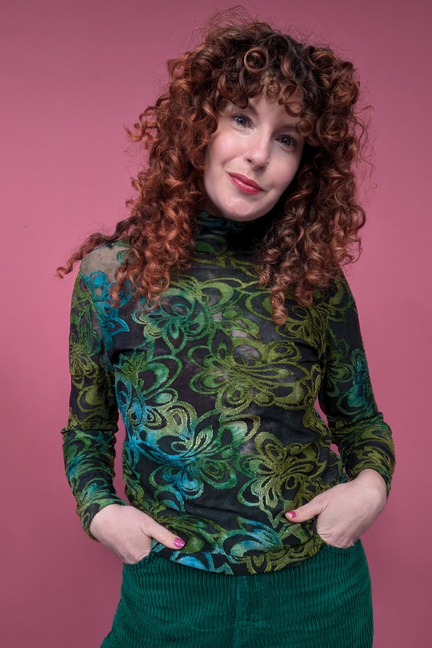 Mock Turtleneck in Green Floral Burnout Jersey