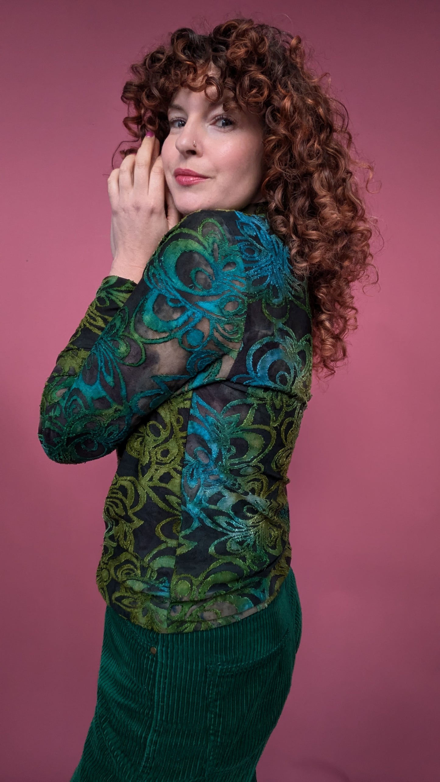 Mock Turtleneck in Green Floral Burnout Jersey