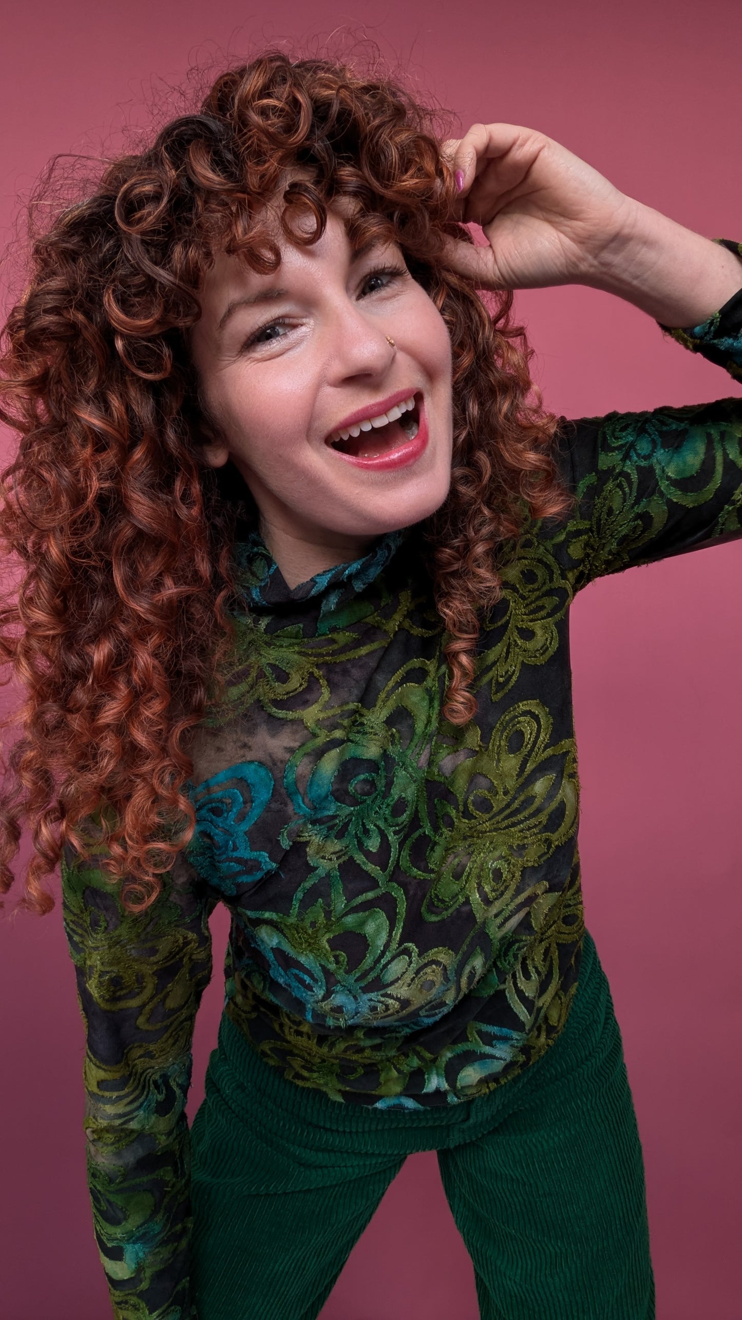 Mock Turtleneck in Green Floral Burnout Jersey