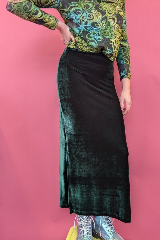 Maxi Velvet Side Split Skirt in Bottle Green
