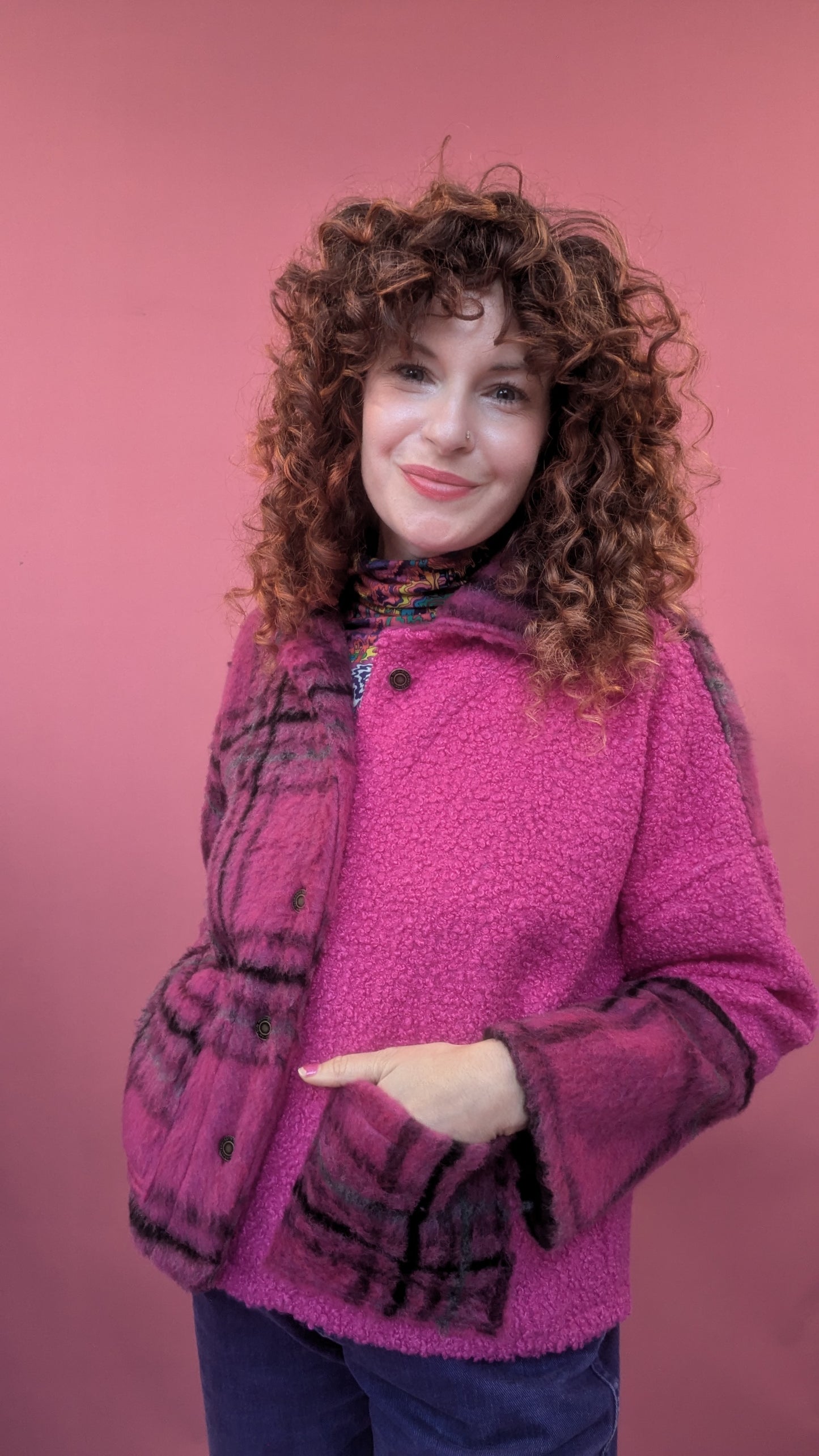 Boucle and Wool Clash Chore Jacket in Berry Plaid