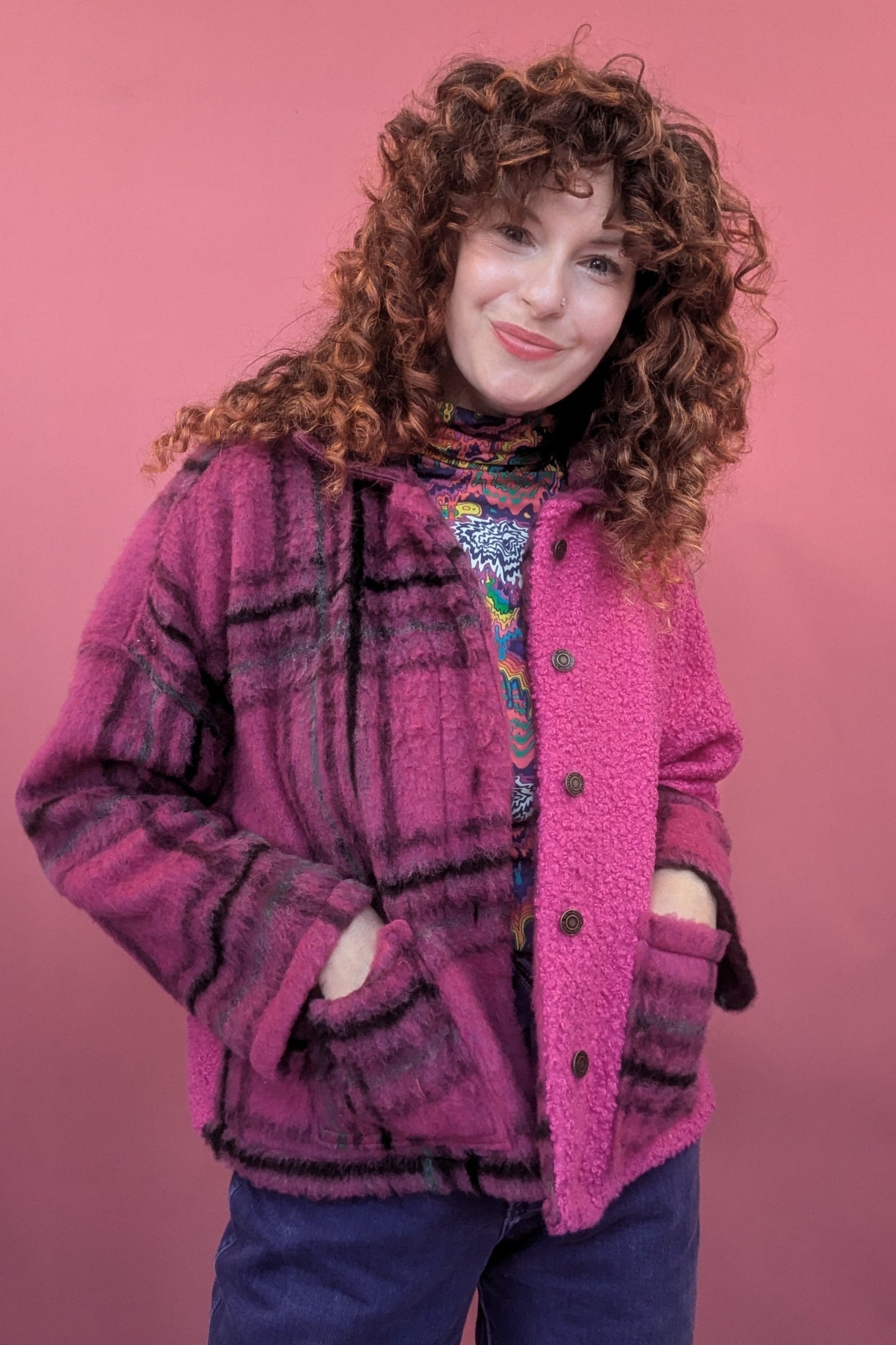 Boucle and Wool Clash Chore Jacket in Berry Plaid