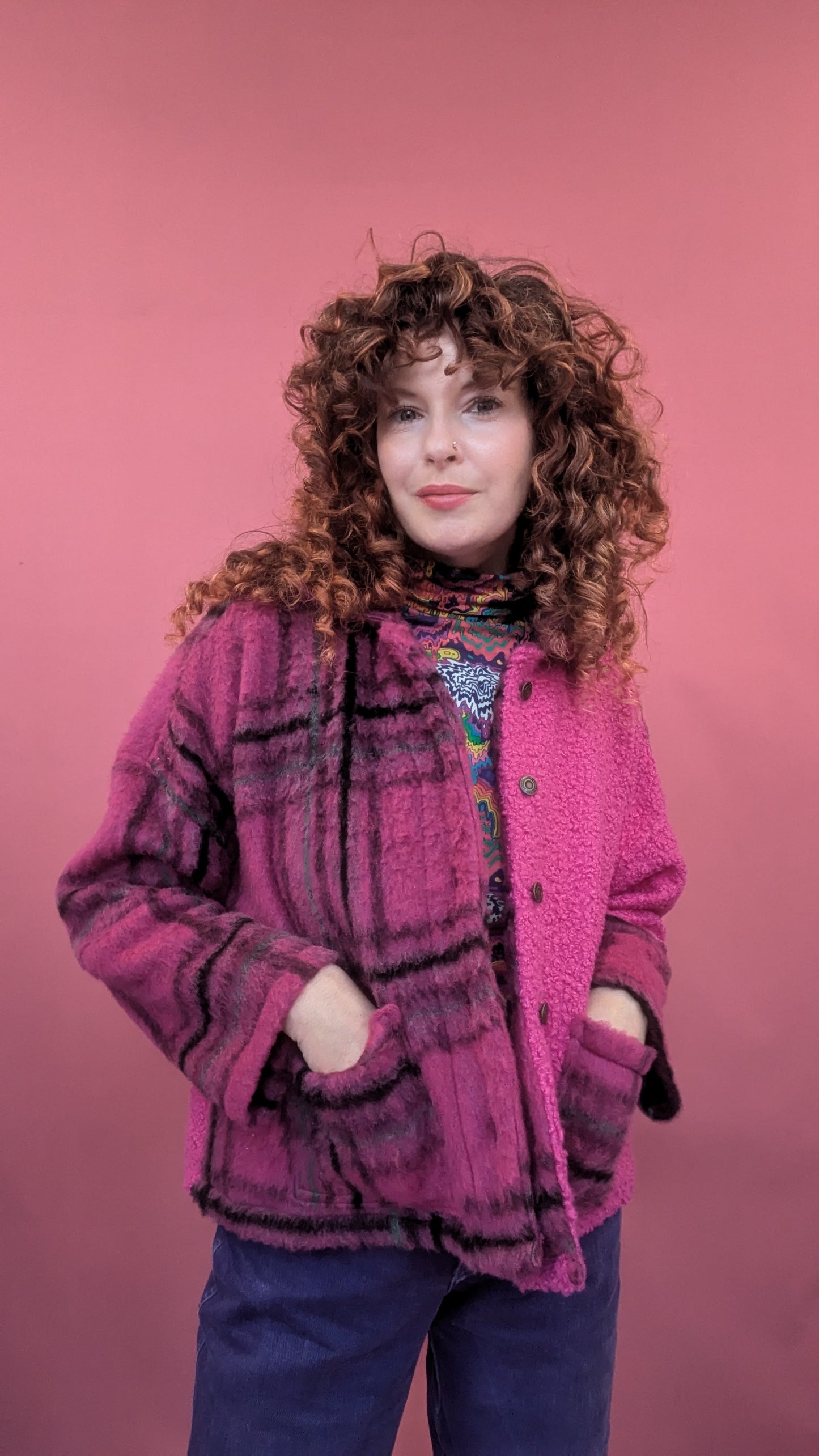 Boucle and Wool Clash Chore Jacket in Berry Plaid