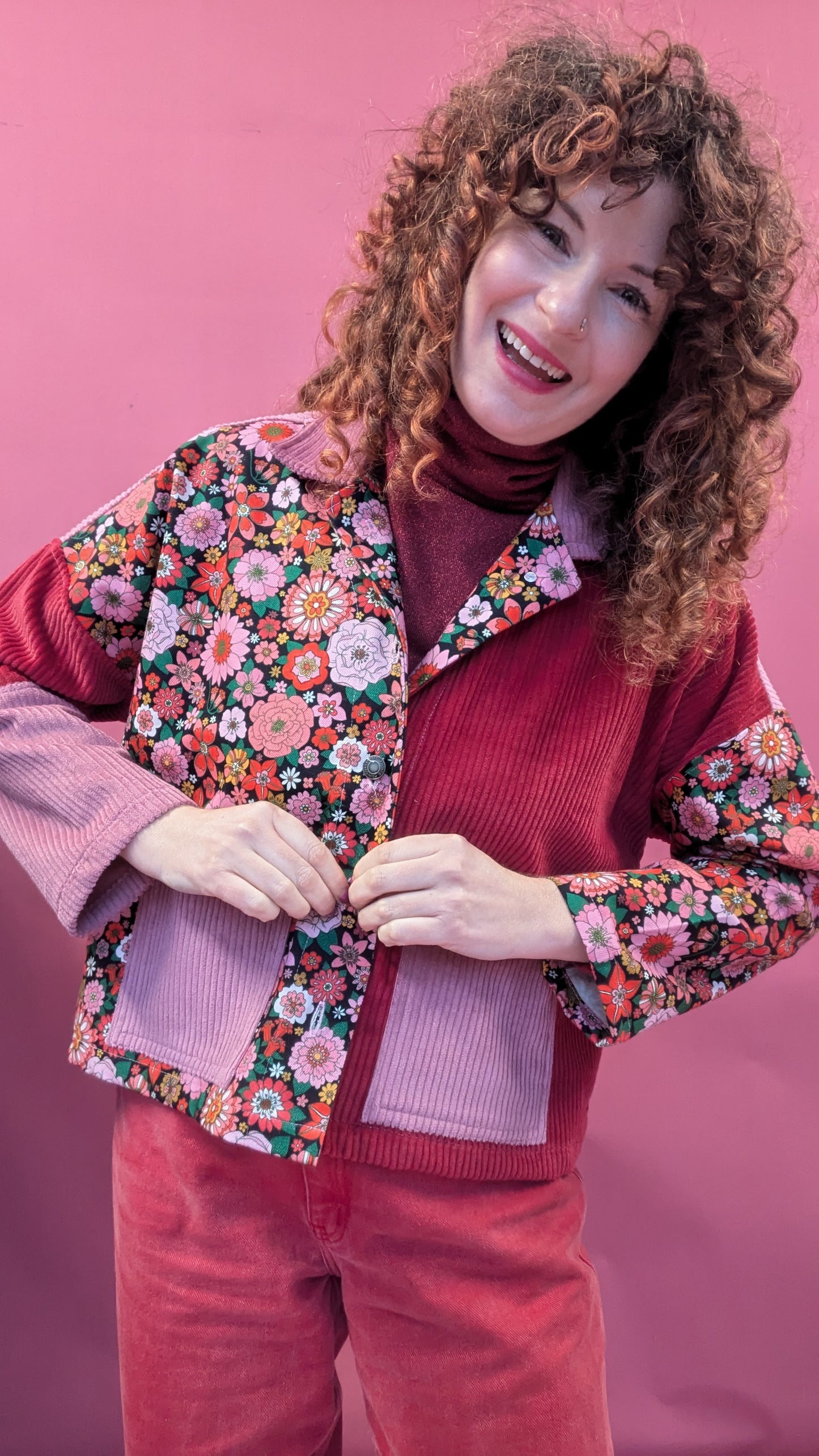 Cord and Denim Clash Chore Jacket in Pink Floral