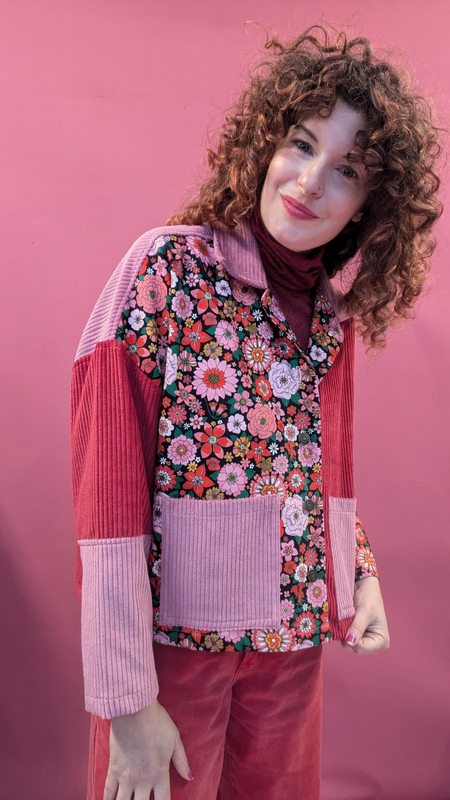 Cord and Denim Clash Chore Jacket in Pink Floral