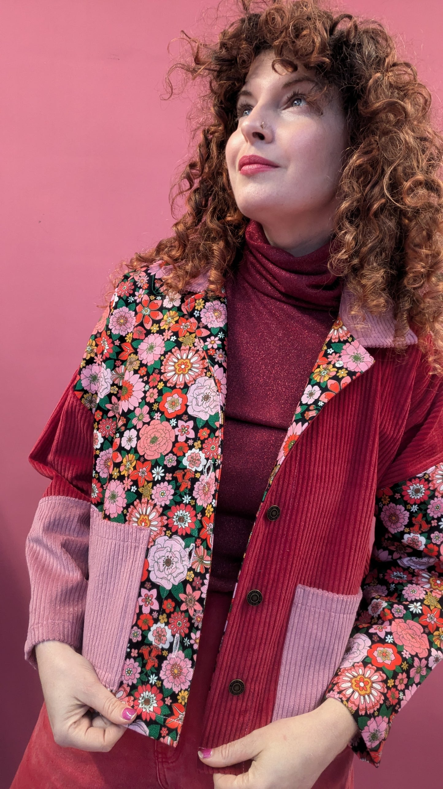 Cord and Denim Clash Chore Jacket in Pink Floral
