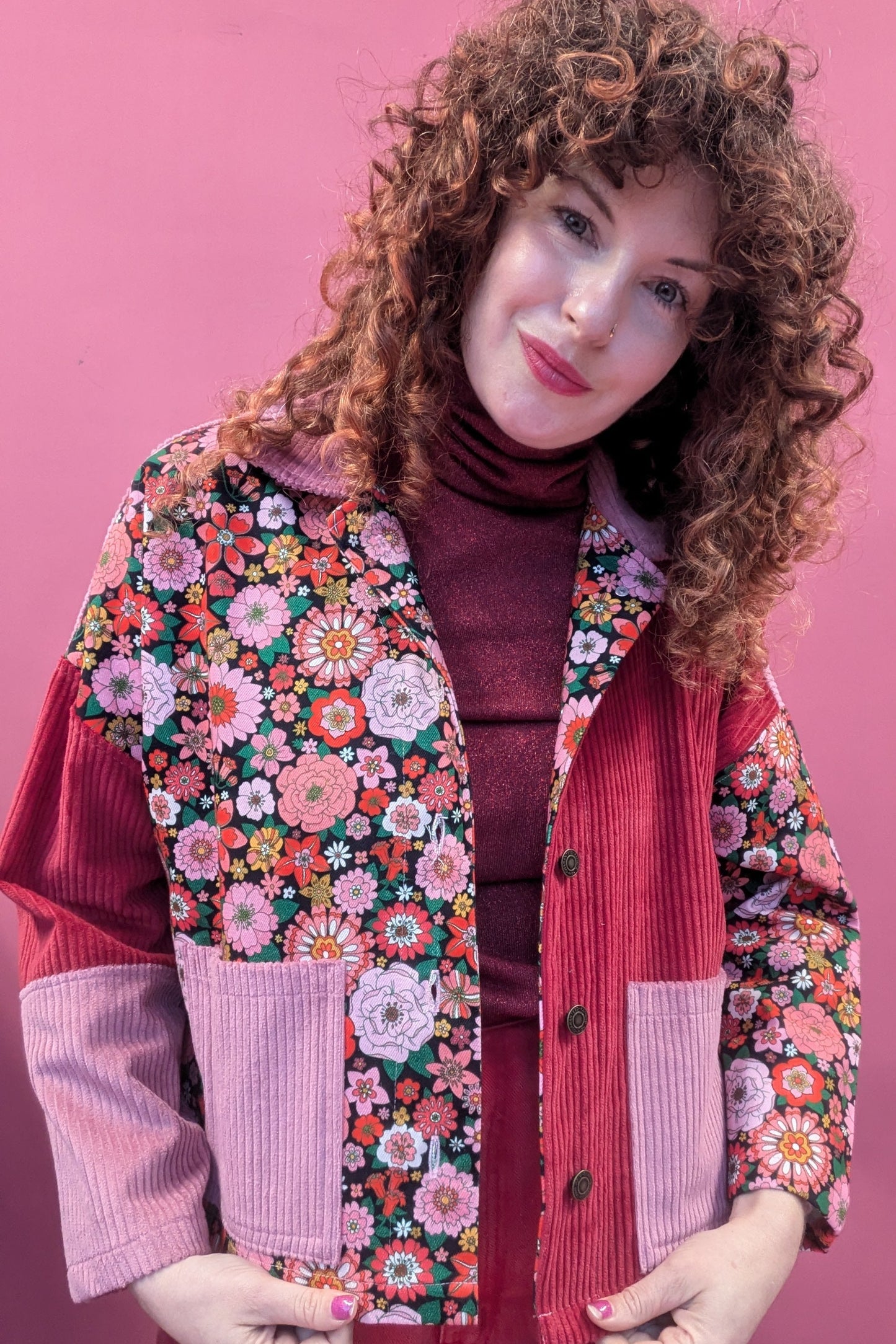 Cord and Denim Clash Chore Jacket in Pink Floral