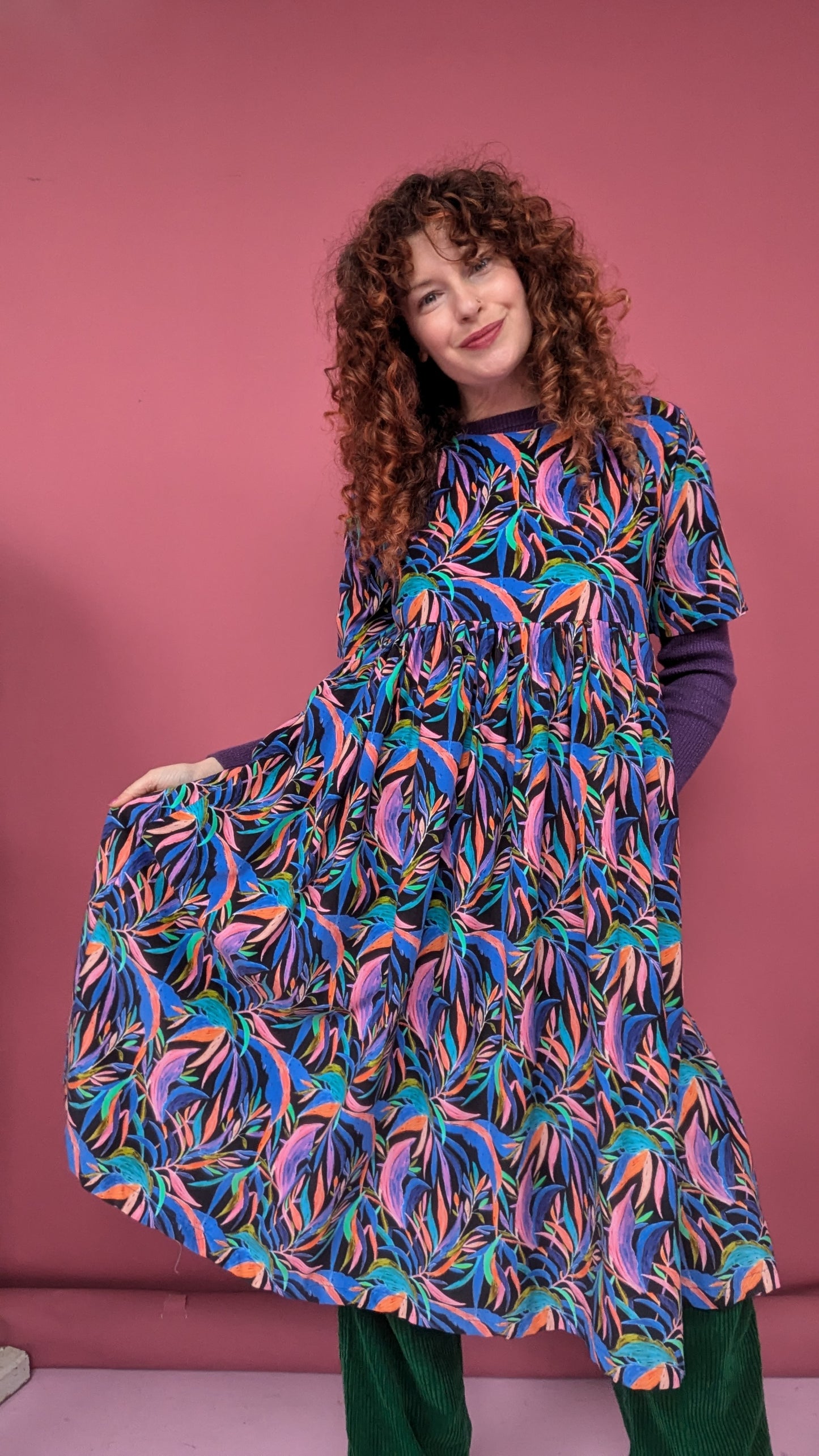 * Needlecord Smock Dress in Palm Leaves