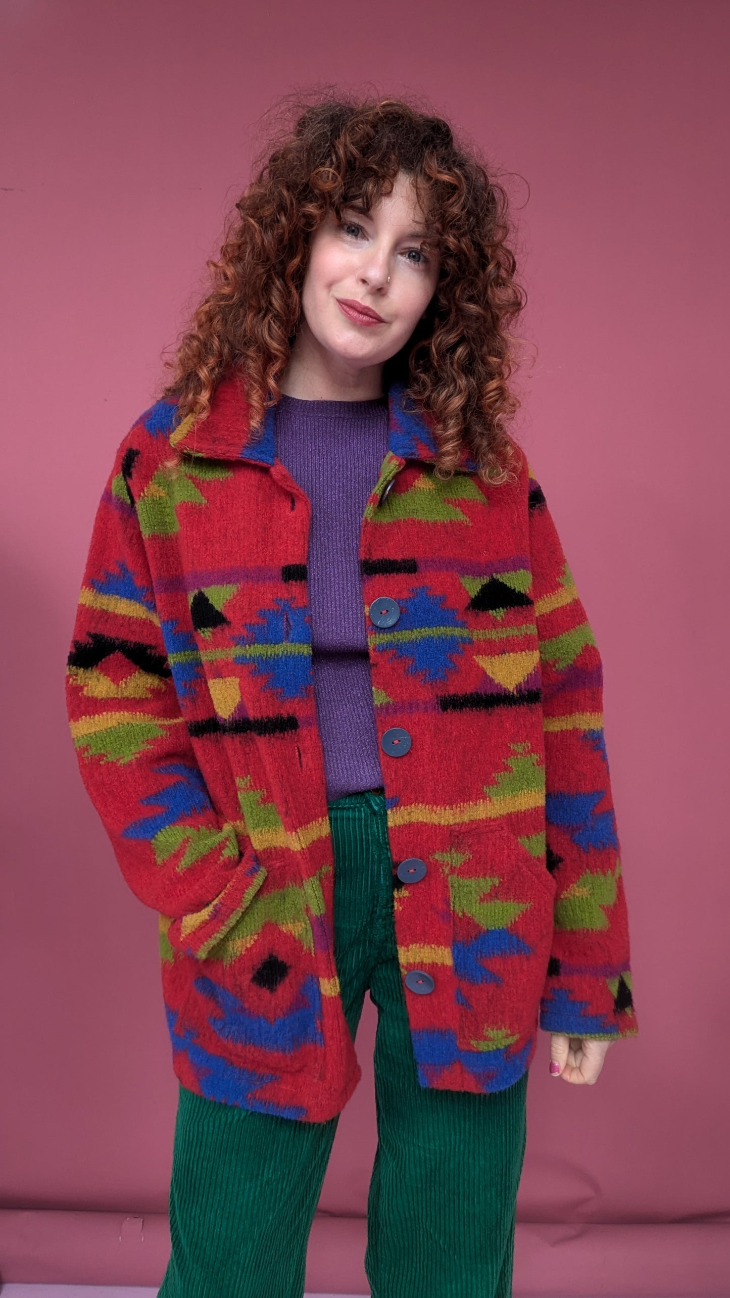 Knitted Box Jacket in Red Aztec