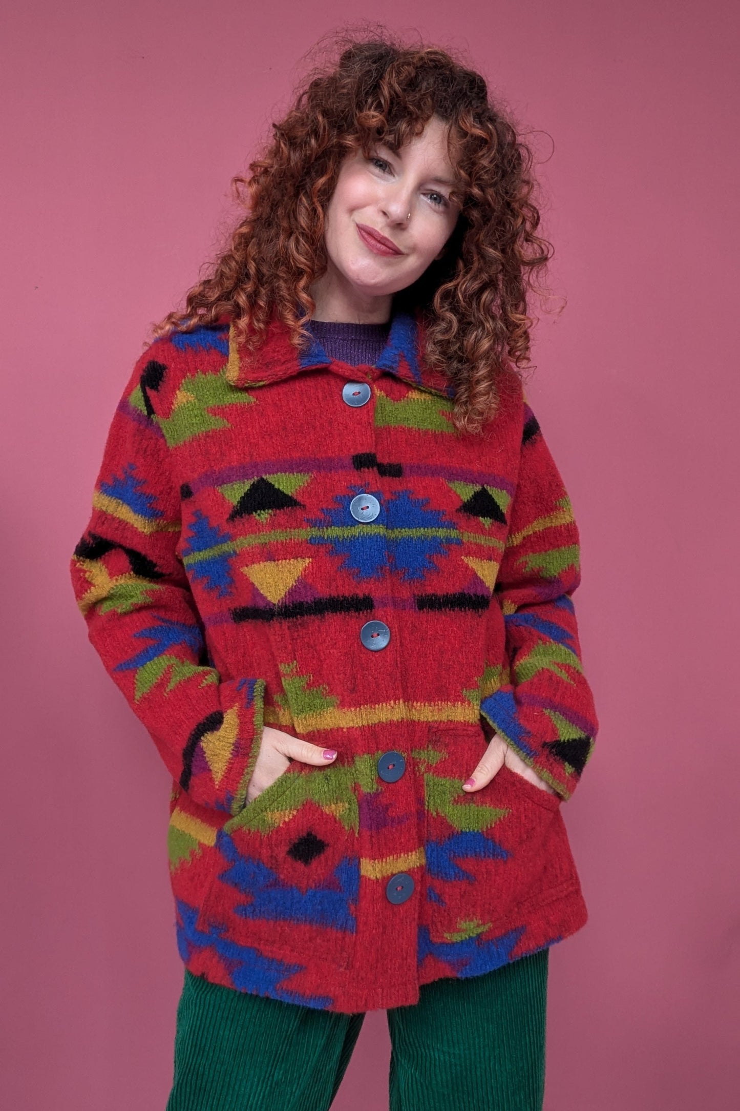 Knitted Box Jacket in Red Aztec