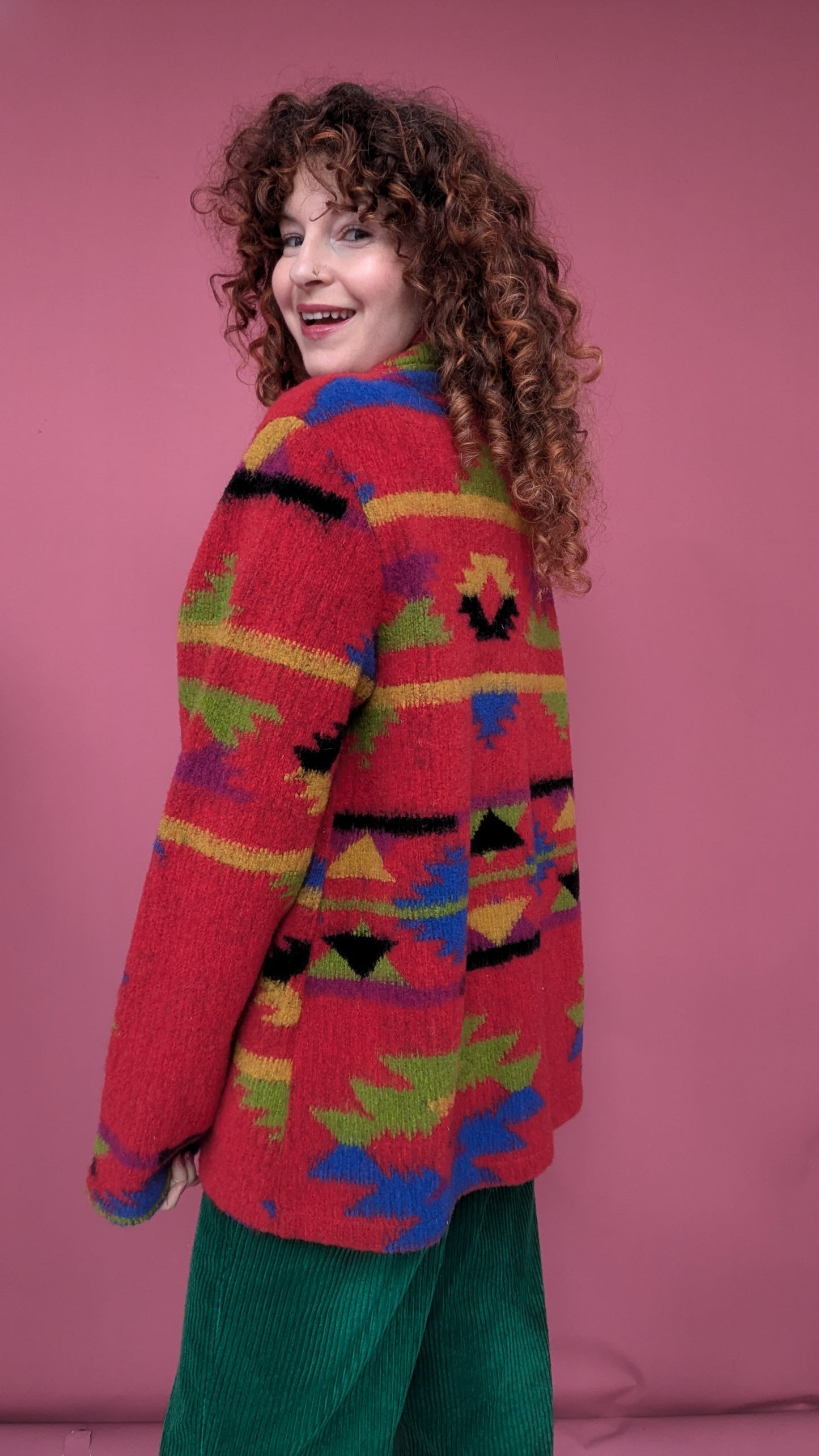 Knitted Box Jacket in Red Aztec