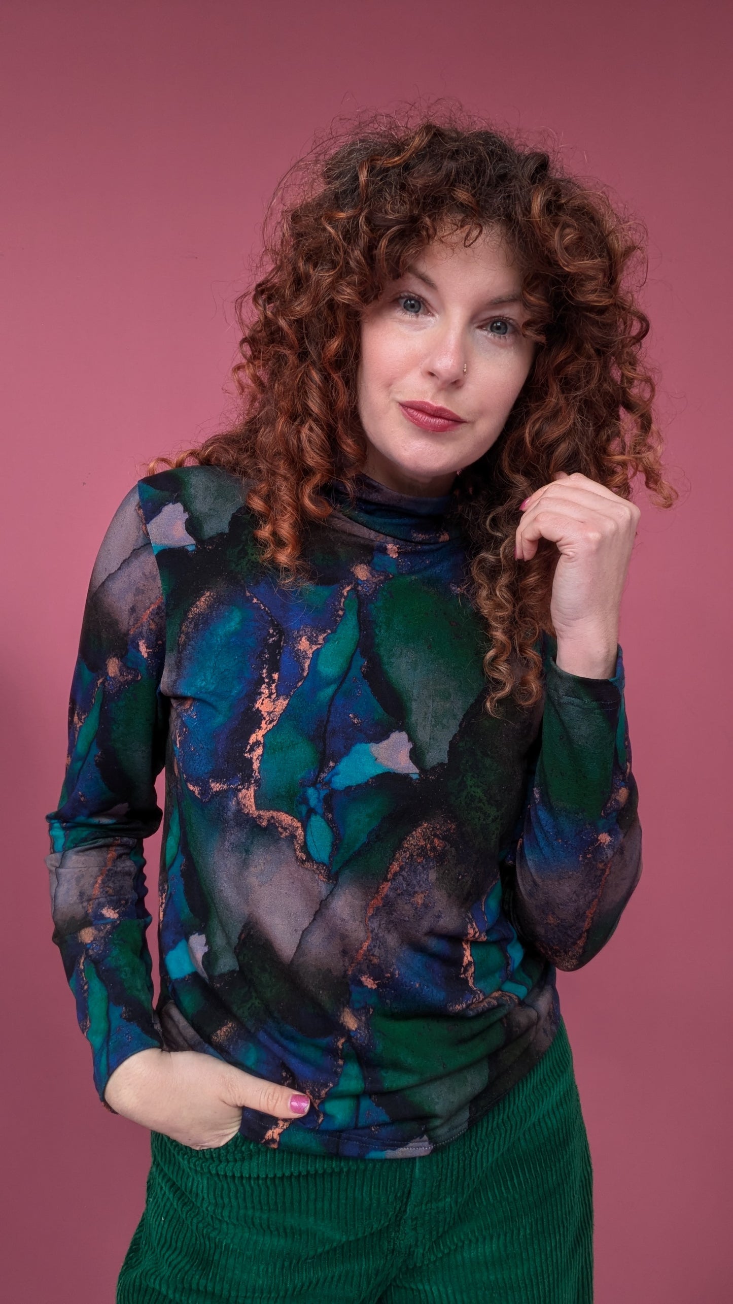 Long Sleeved Mock Turtleneck in Ocean Marble