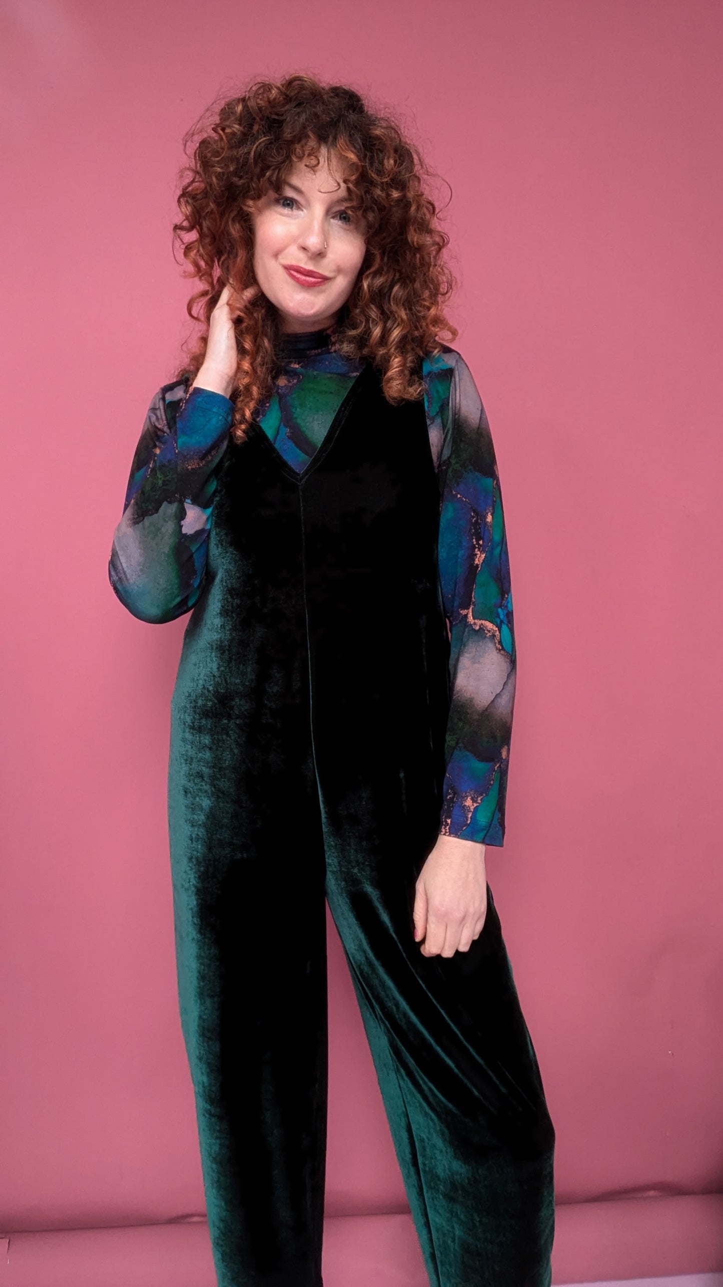 Velvet Dungaree Jumpsuit in Bottle Green