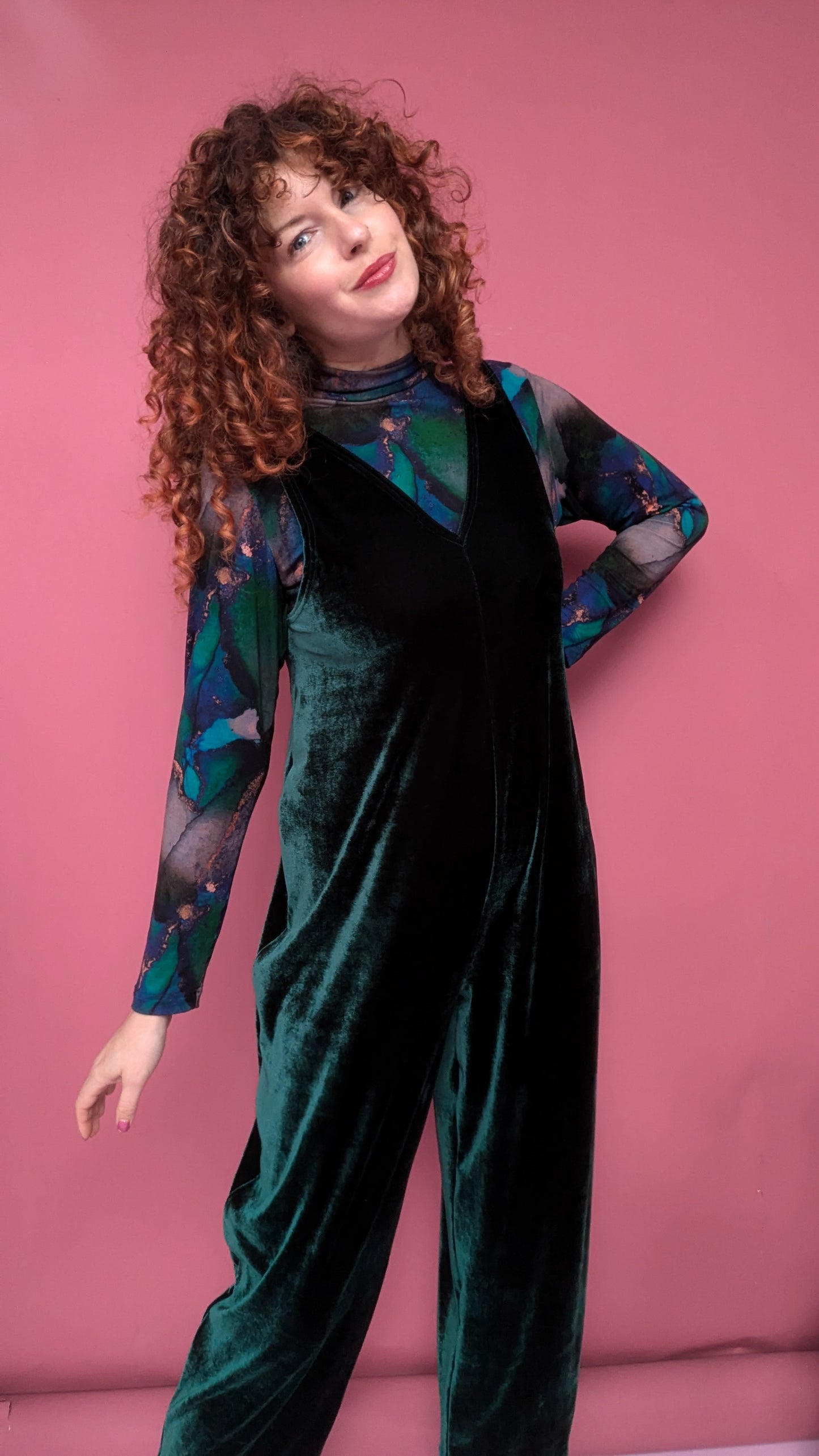 Velvet Dungaree Jumpsuit in Bottle Green