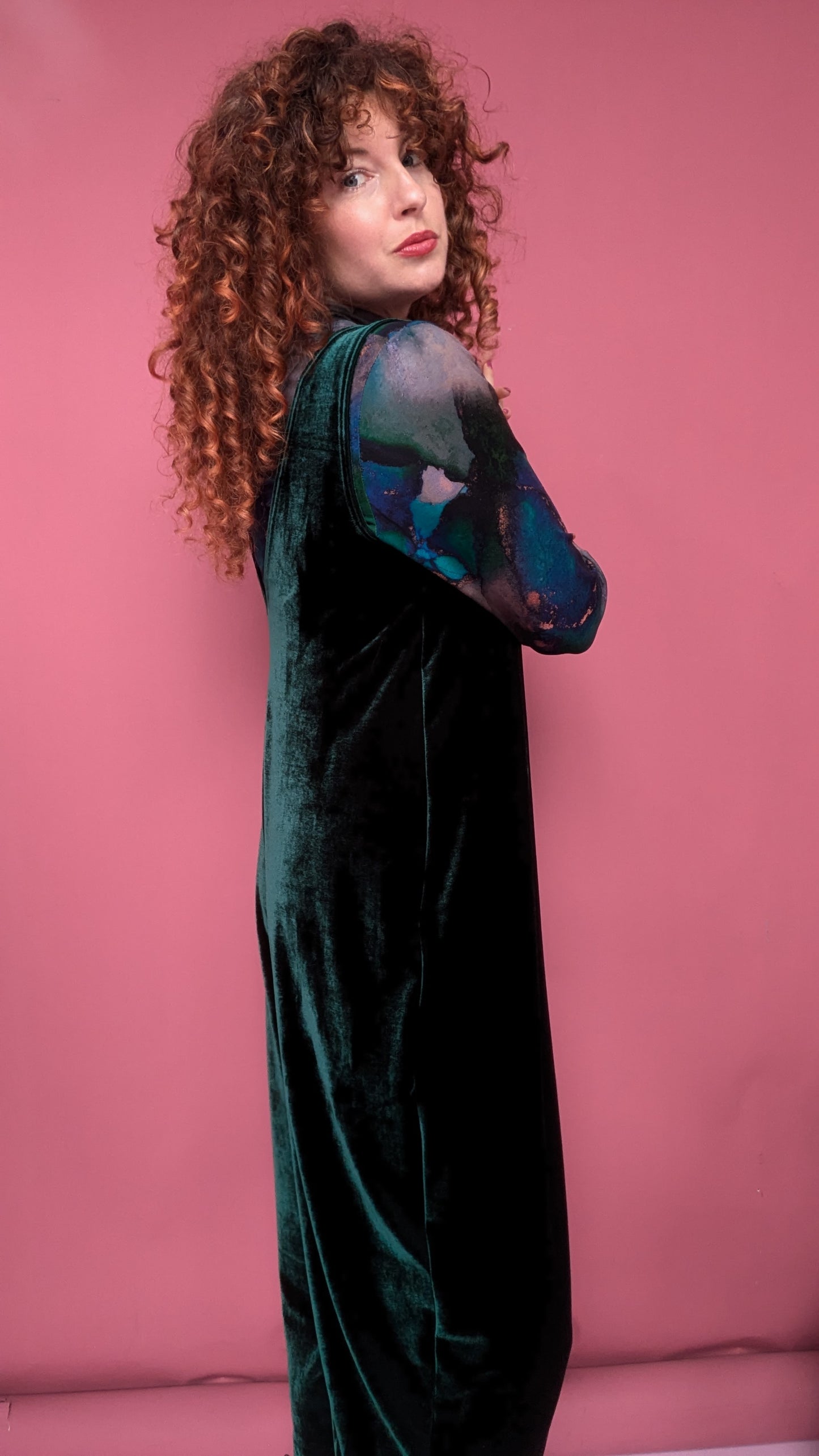 Velvet Dungaree Jumpsuit in Bottle Green