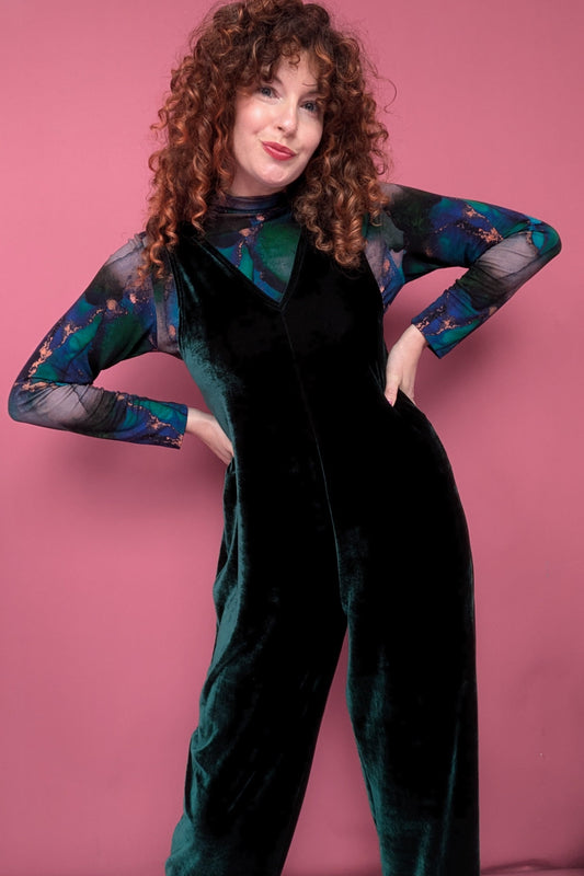 Velvet Dungaree Jumpsuit in Bottle Green