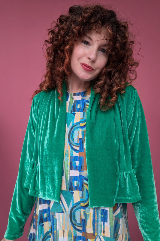 Velvet Ruffle Bolero in Jade Green