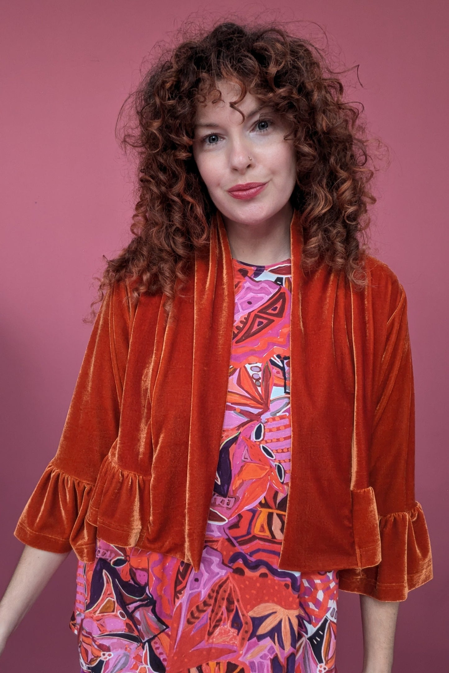 Velvet Ruffle Bolero in Burnt Orange