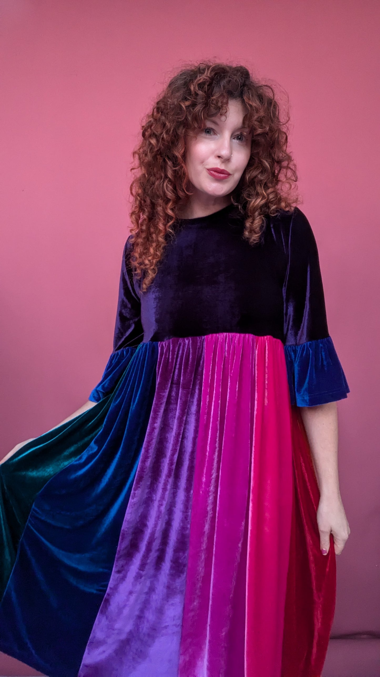 Velvet Rainbow Ruffle Smock Dress